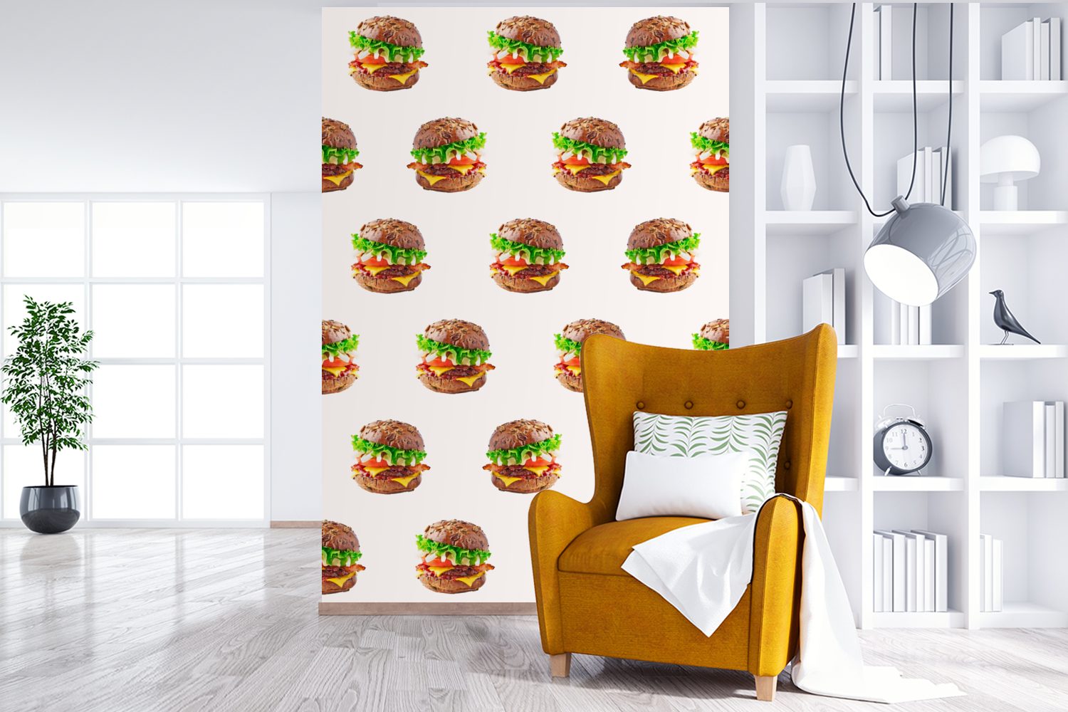 MuchoWow Fototapete Hamburger - Vinyl für Matt, (3 - Farben Tapete bedruckt, St), Montagefertig Wohnzimmer, Wandtapete Muster
