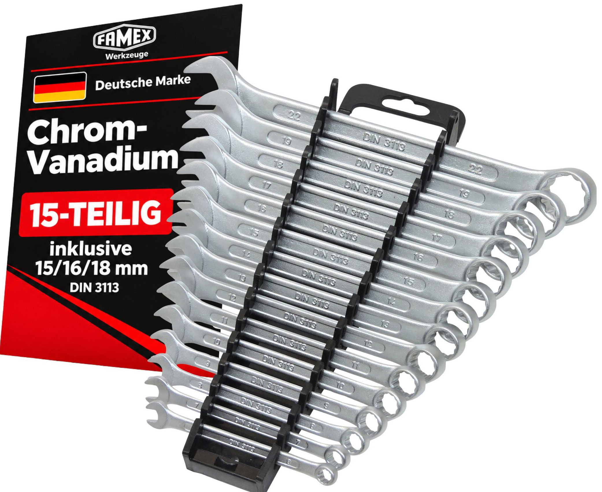 FAMEX Gabel- und Ringschlüssel 10355-15 Ringmaulschlüssel Satz (Gabelringschlüssel Set, 15 St), aus CV-Stahl