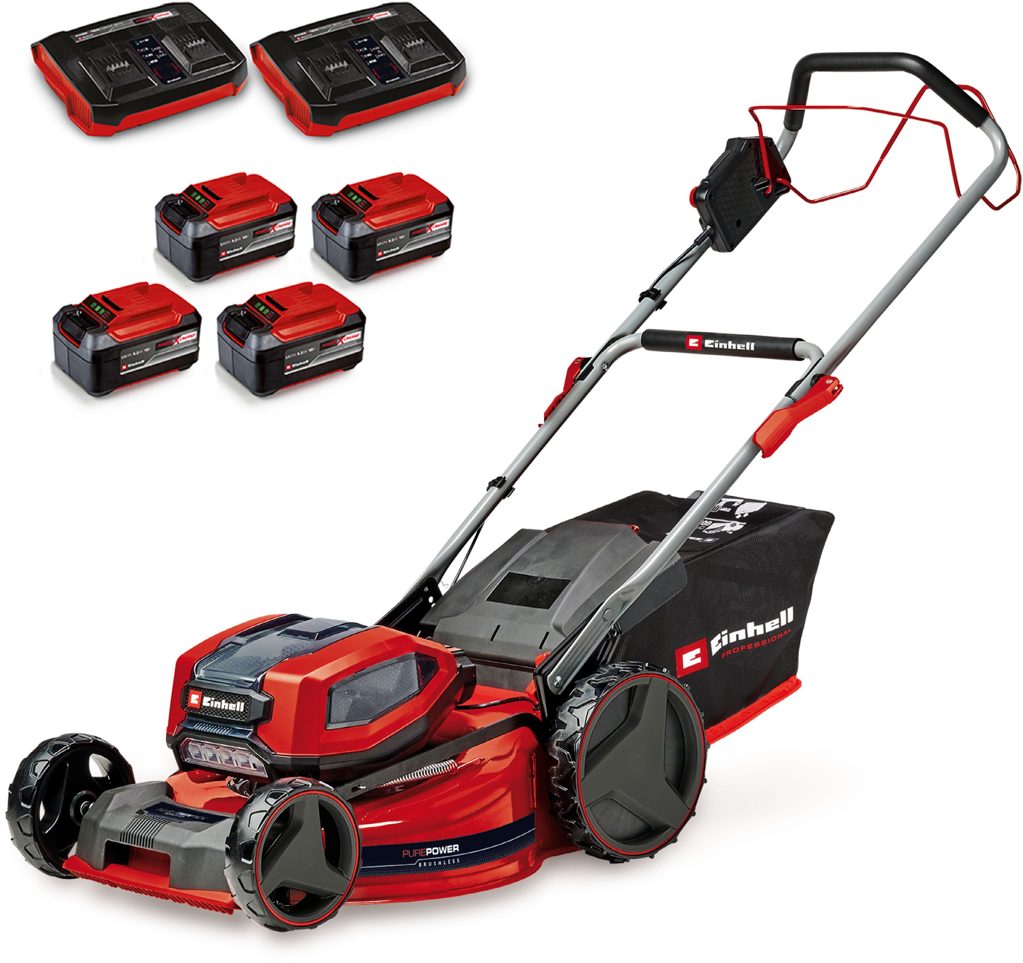 Einhell Akkurasenmäher GP-CM 36/52 S Li BL (4x5,2Ah), 52 cm Schnittbreite, 4 x 5,2 Ah Plus Akkus und 2 Twincharger