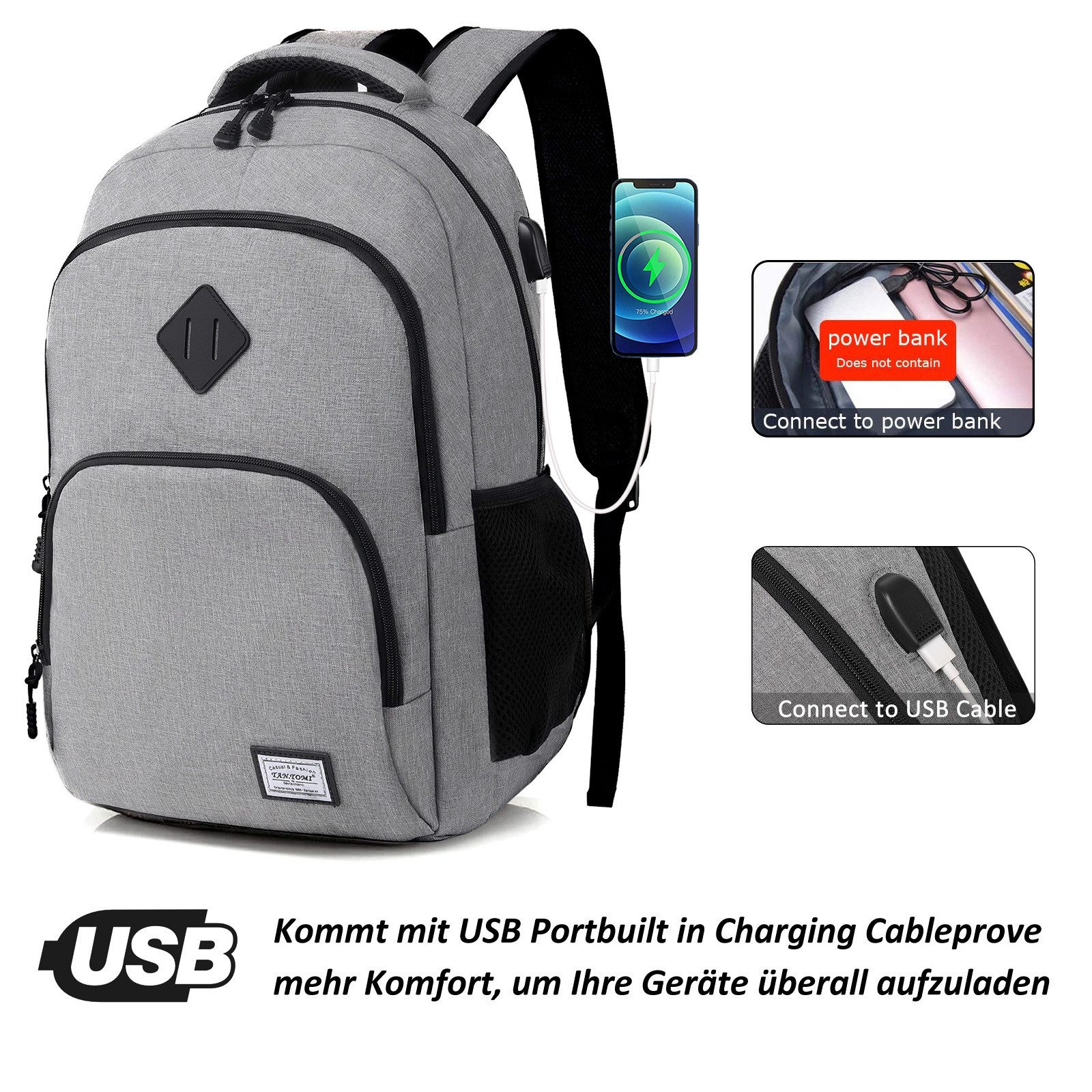 TAN.TOMI Rucksack Laptop Rucksack Herren Große Kapazität Casual Rucksack, für 15,6" Laptop mit USB Ladeanschluss für Reisen