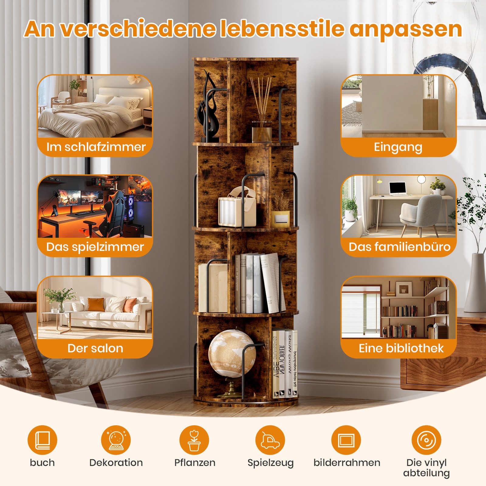 Oak&Tea Bücherregal Bücherregal drehbar mit 4 Ebenen, Standregal für Bücher & Deko, 4 Etagen, Höhe 128cm, drehbar, Durchmesser 40 cm, platzsparend