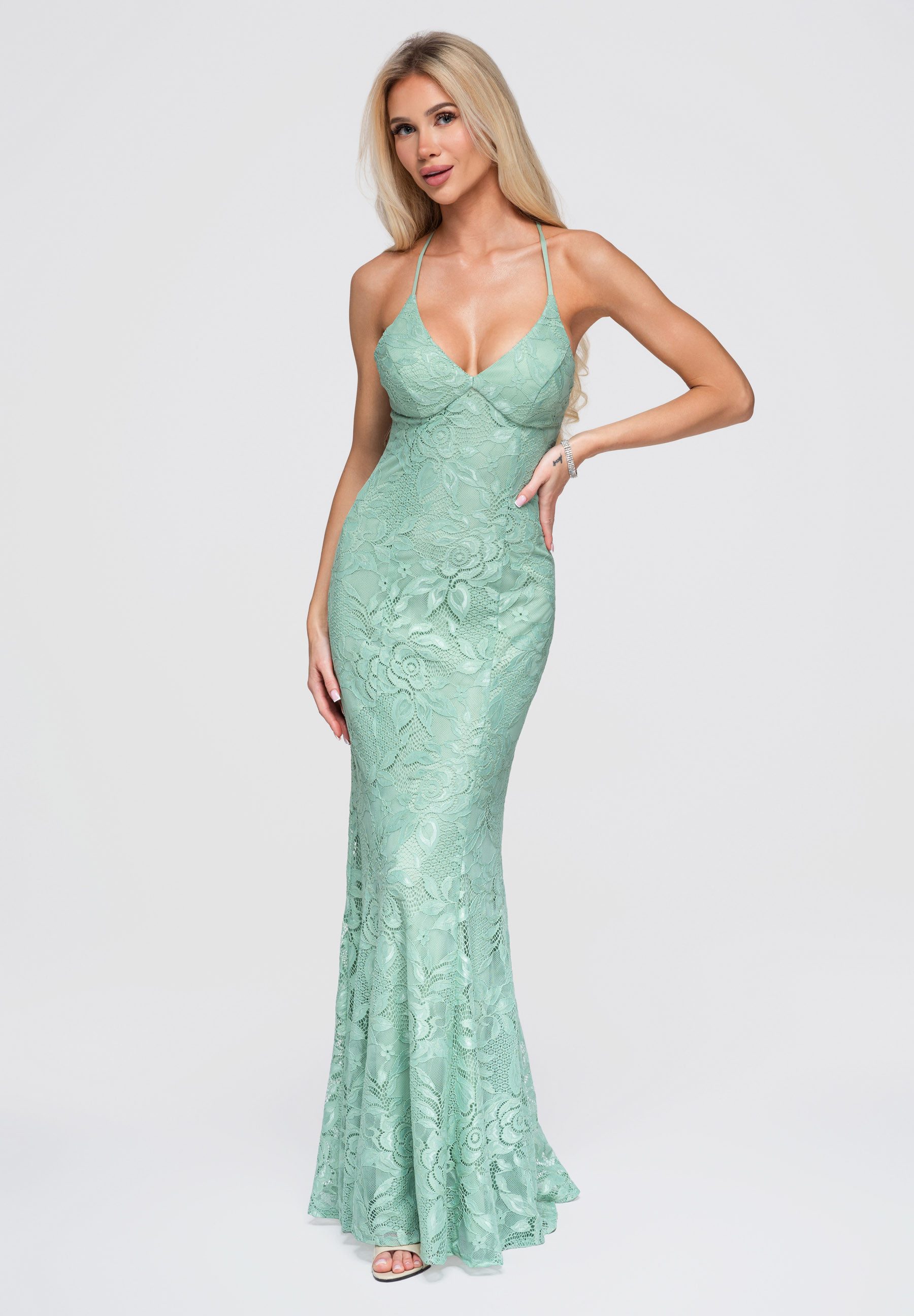 OMBRE Abendkleid Damen Abendkleid mit floralem Spitzenmuster Sage L (kein Set, 1-tlg) Spitzenstruktur