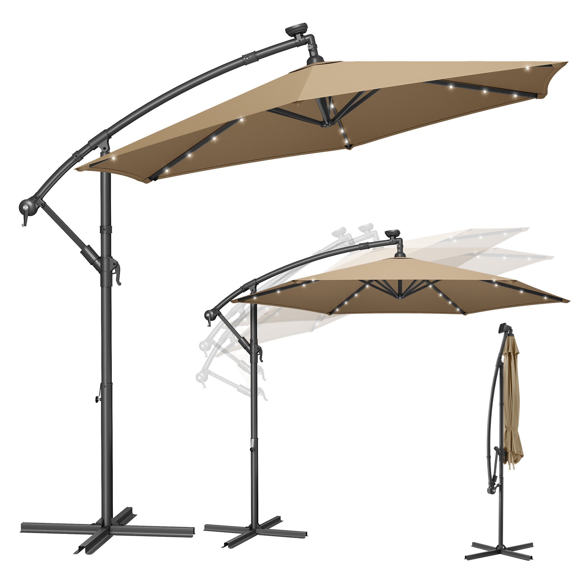 SONGMICS Sonnenschirm, Ø 300 cm,LED-Solar-Beleuchtung,UPF 50+,mit Ständer