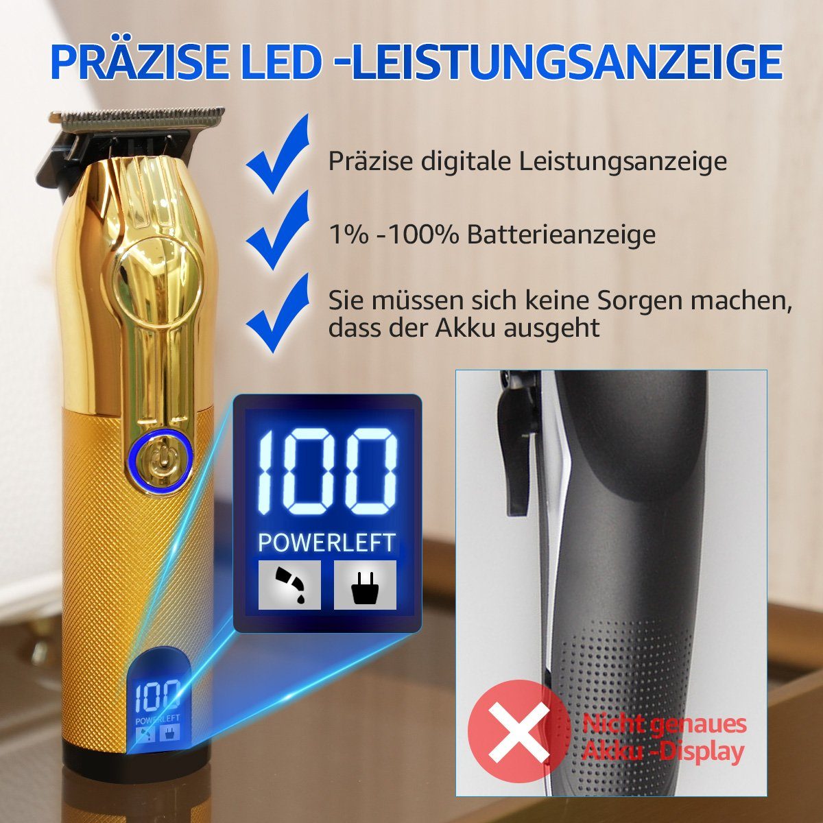 LED Haarschneider Einstellungen: 6500 2 rpm, Gold Profi LifeImpree Haarschneidemaschine, 1200 Herren, Wasserdicht, - Display, mAh Bartschneider 7000