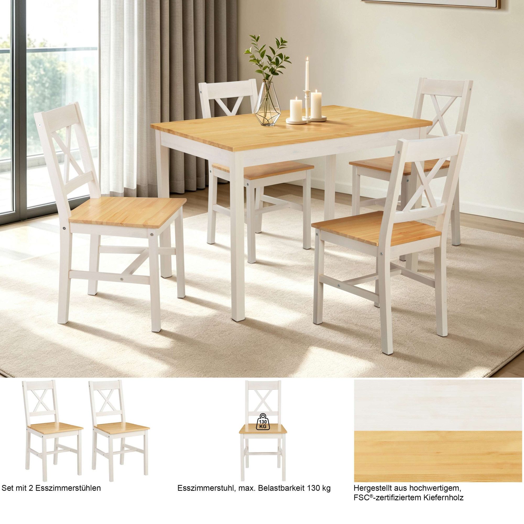 OTTO home Esszimmerstuhl Willow (Set, 2 St), aus massivem Kiefernholz, lackiert, pflegeleicht, bis 130 kg belastbar
