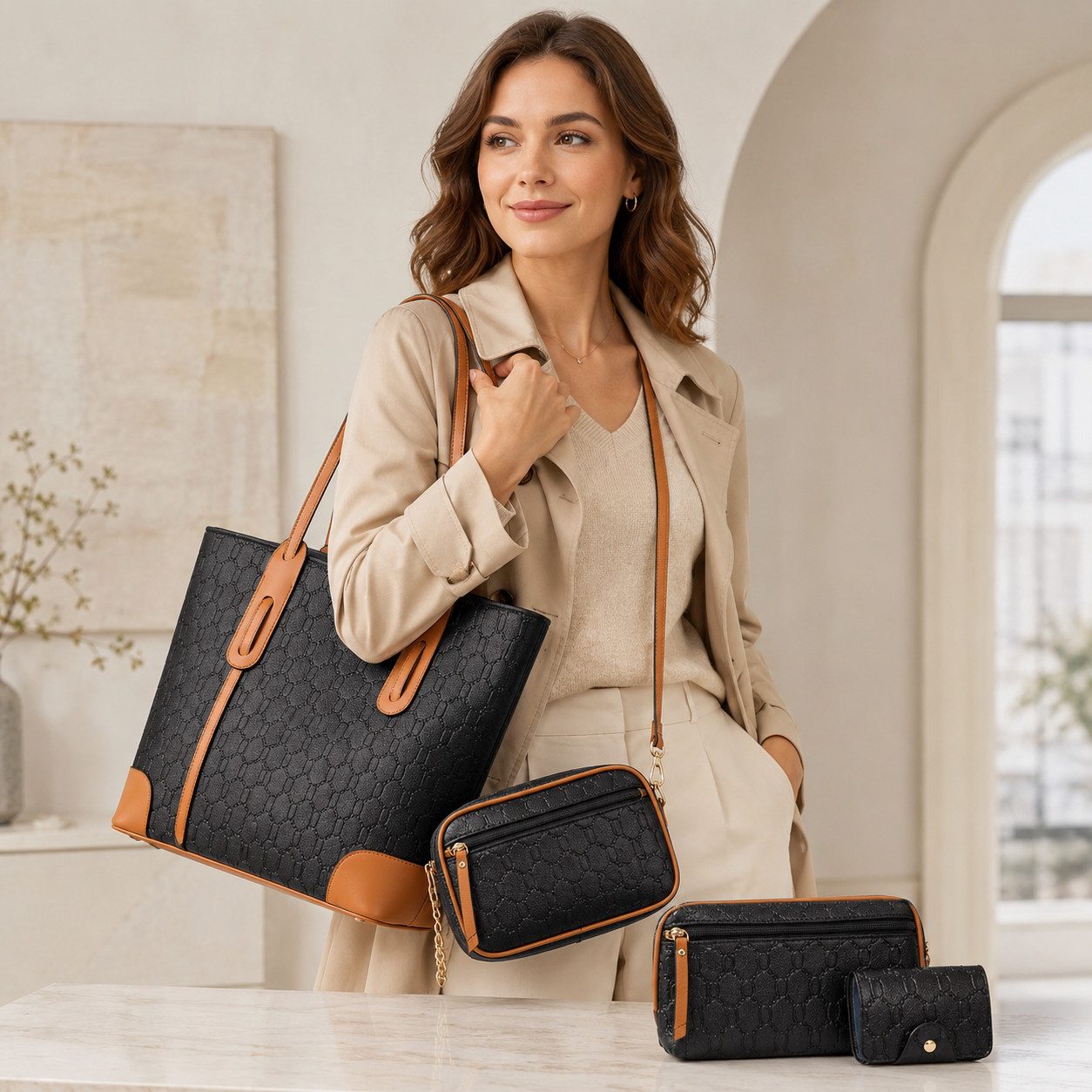 pedete Shopper Handtasche Damen Tote tasche Groß Schultertasche Umhängetasche (4-teiliges Set Büro Schule Einkauf Reise Geschenk, damen taschen handtasche schul – Bild 5 von 5