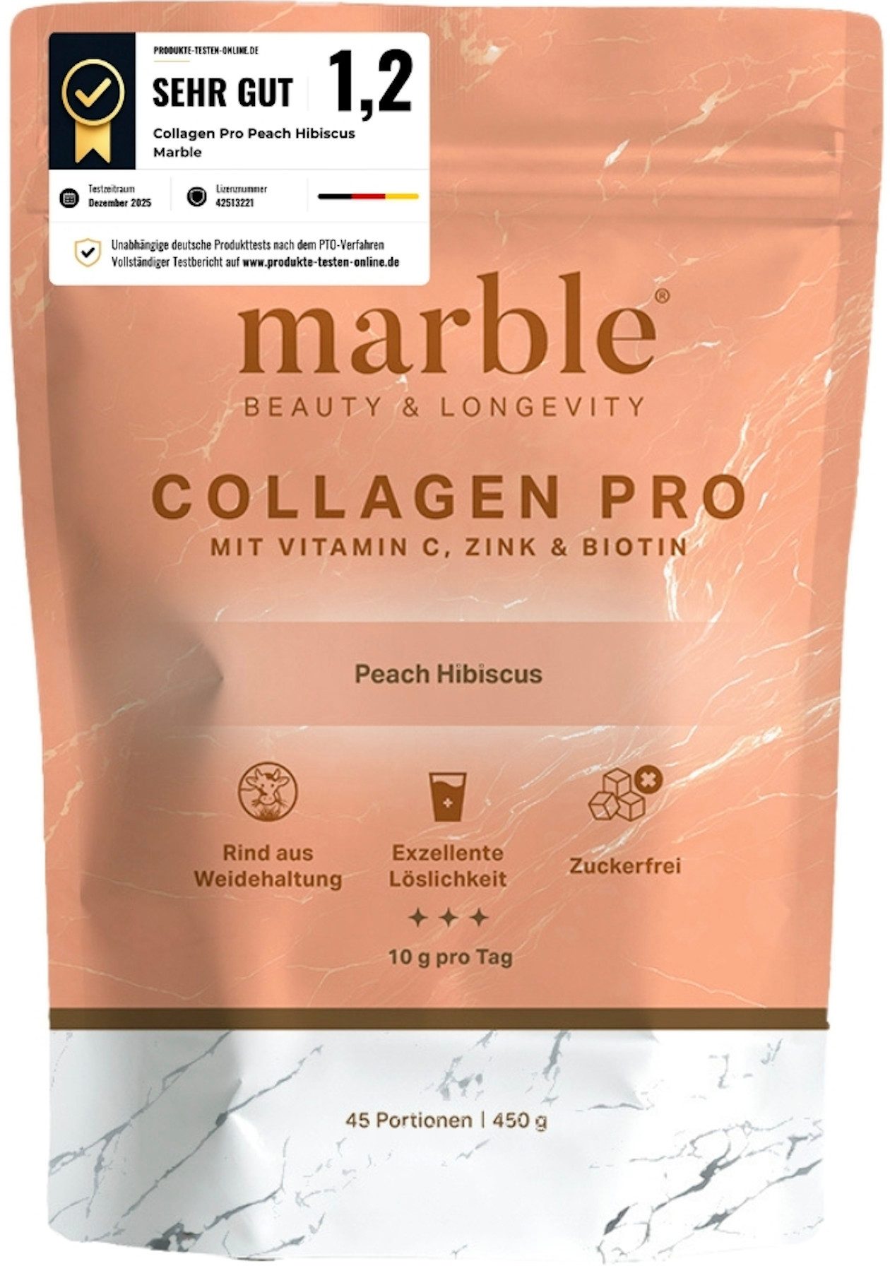 Marble Kollagen Pro Peach-Hibiscus 450 g – Vitamin C, Zink & Biotin - marble® Pulver, 1 er Packung à 1 St., 450 g