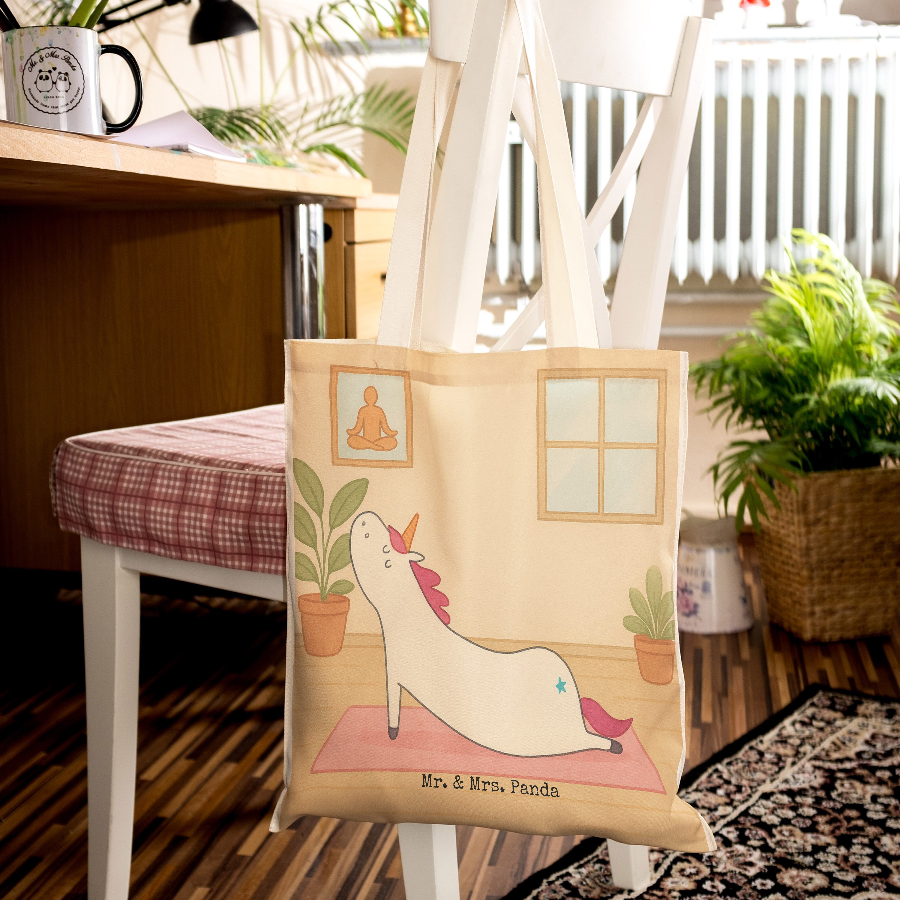Mr. & Mrs. Panda Tragetasche Einhorn Yoga Design, Tote Bag, Weiß, Einkaufstasche, Lustig, Unicorn, (Packung), Süß Einhörner Tragetasche Mit Spruch