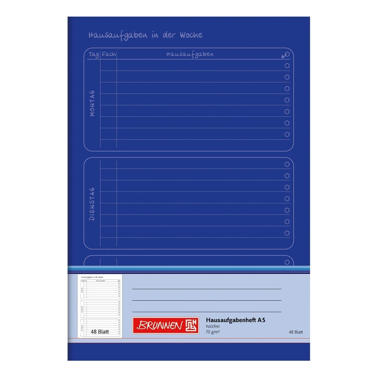 BRUNNEN Schulheft, Hausaufgaben, A5 liniert, mit Innen-/ Außenrand, 48 Blatt