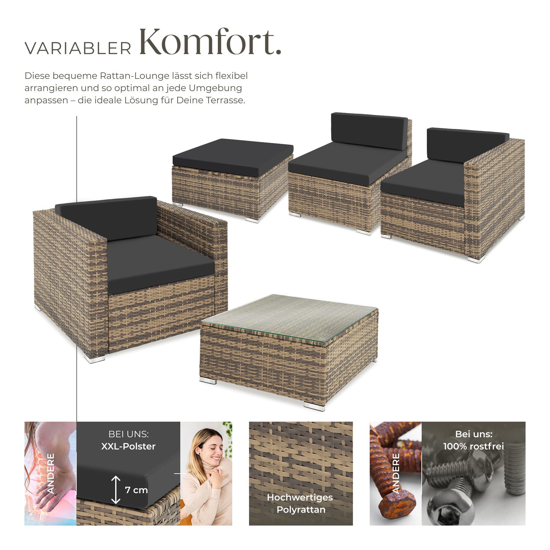 tectake Loungeset Rattan Sitzgruppe mit Sicherheitsglasplatte, für 4 bis 5 Personen, (Gartenlounge-set Milano, 6-tlg., geeignet für Outdoor in Natur), widerstandsfähig und UV-beständig, Dicke der Polster 7 cm