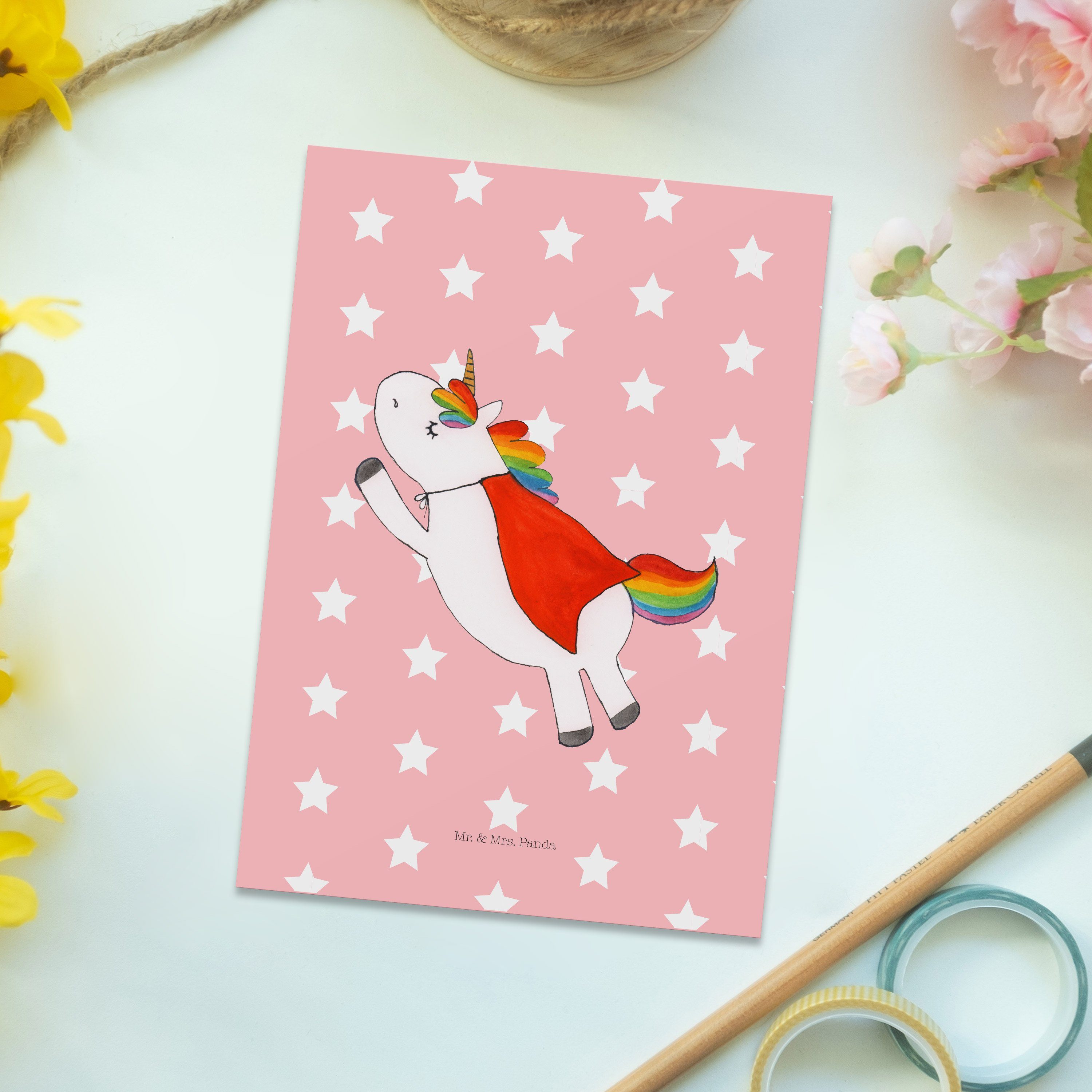 Mr. & - Pastell Super Einhörner, Rot Einhorn Panda Geschenk, - Mrs. Geburtstagskarte Postkarte