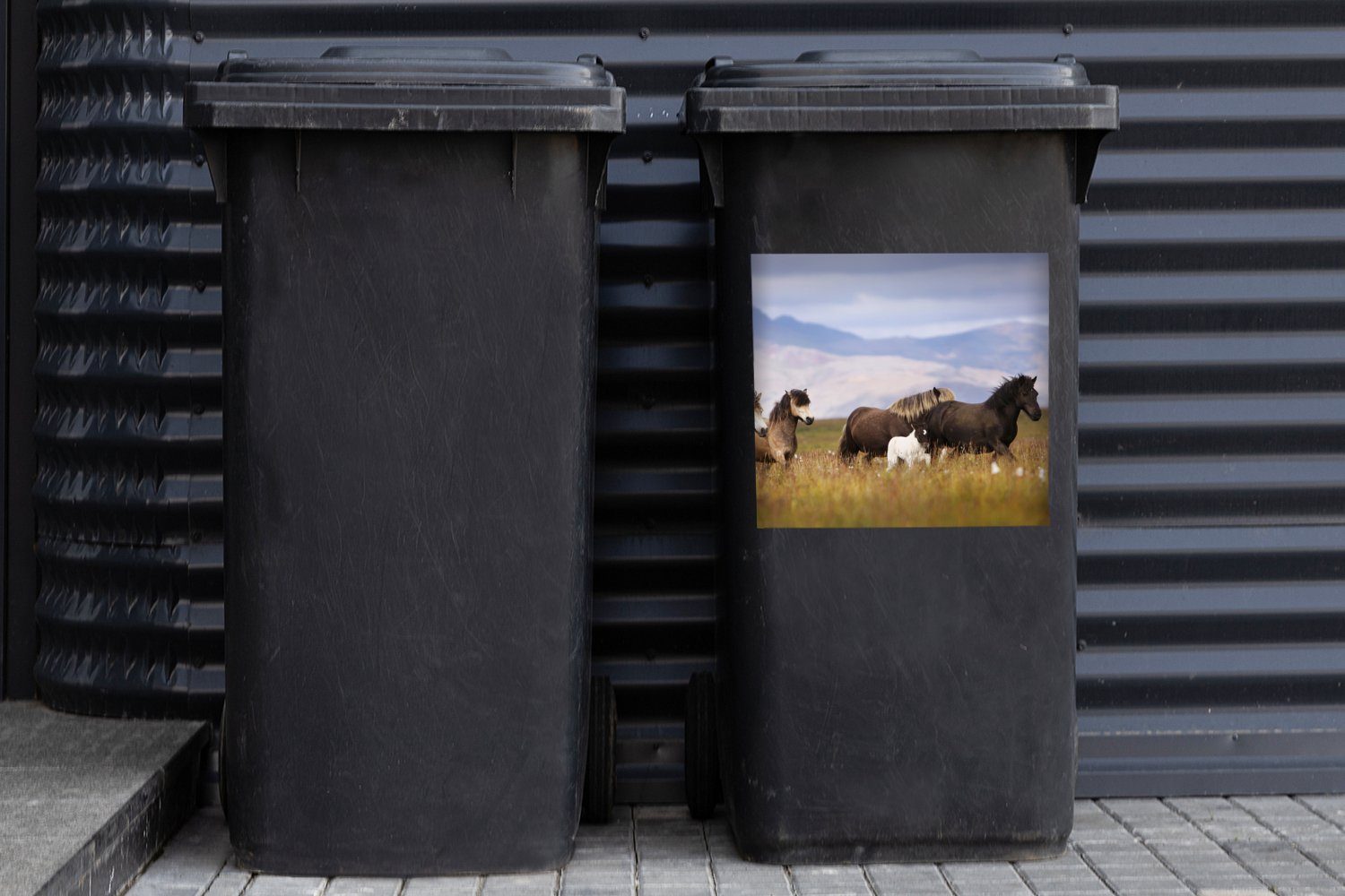 Wandsticker Mülleimer-aufkleber, MuchoWow (1 Mülltonne, Pferde Gras Container, Abfalbehälter Sticker, - - St), Berge