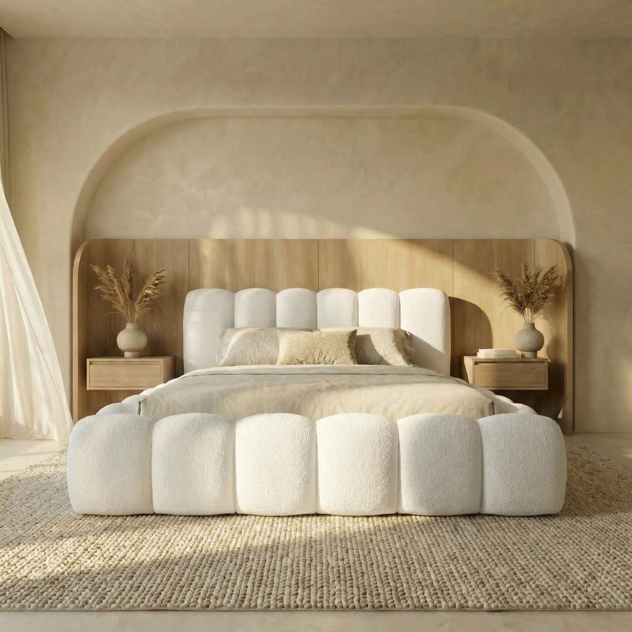 thematys Polsterbett CLOUD mit Bettkasten, 140x200 160x200 180x200 200x200cm (Kopfteil im Modernen-Look – weich, modern und pflegeleicht), hochwertiger Bouclé-Stoff in Ash, Weiß, und Kreme, Inklusive Lattenrost: Holzrahmen,hochwertiger Stoff), hydraulisch