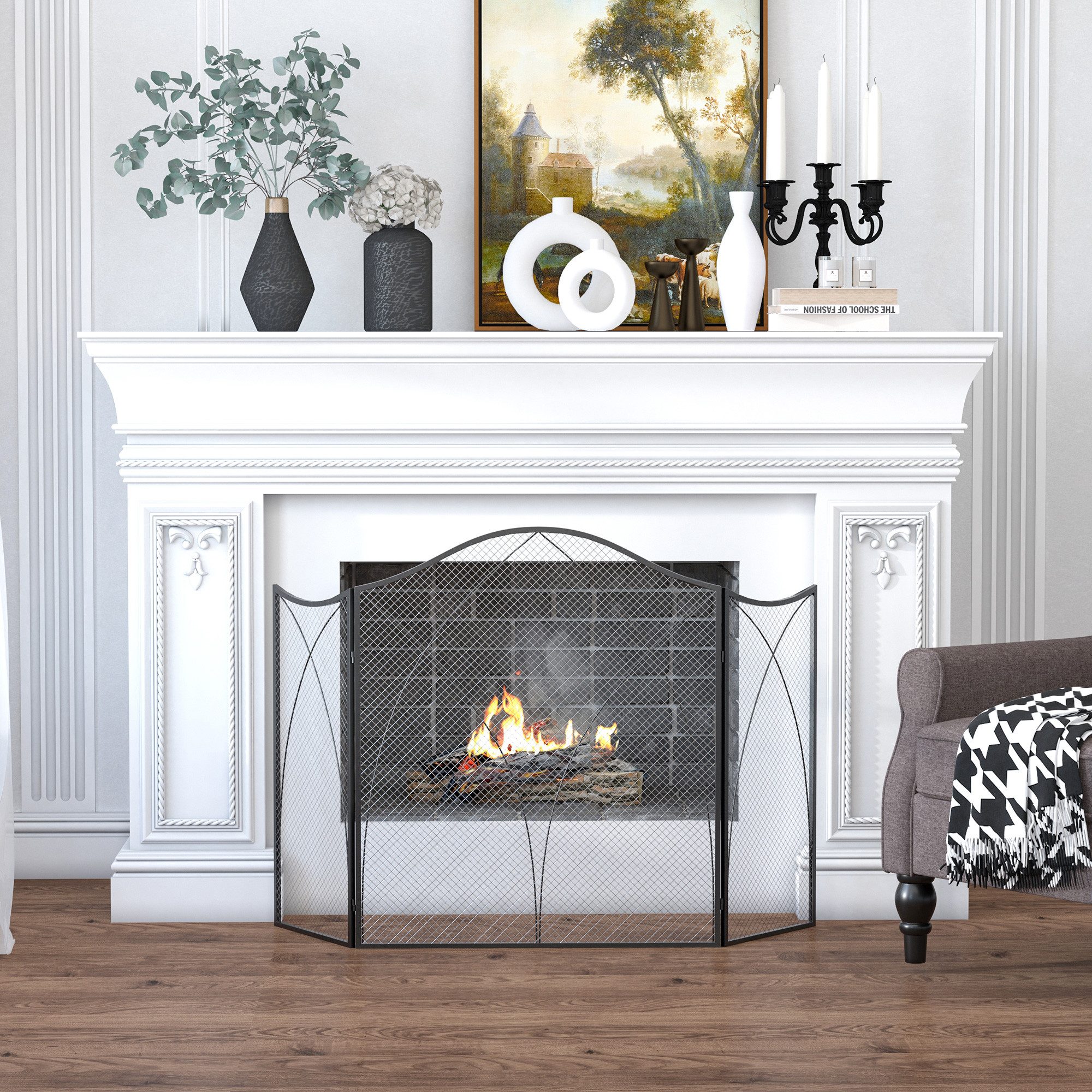 HOMCOM Kamingitter Kaminschutzgitter klappbares Funkenschutzgitter mit 3 Paneelen (Ofenschutzgitter, 1-tlg., Kaminschutzgitter), für Wohnzimmer, Metall, 108 x 76 cm, Schwarz