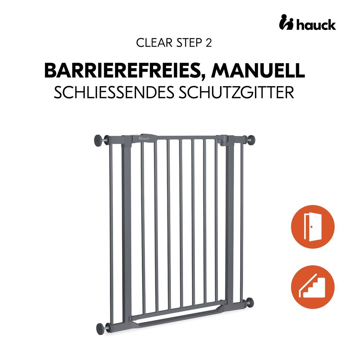 Hauck Türschutzgitter Clear Step 2 - Dark Grey, Treppenschutzgitter Set 75–80 cm ohne Bohren mit 3x Klemmschutz