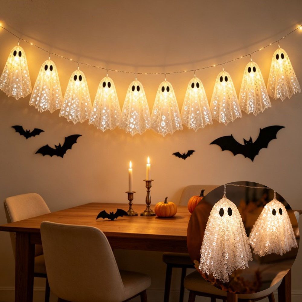 QUBEBU Dekolicht Halloween LED Lichterkette 200cm 10Stk Hängende Gespenst Lichterketten, Bling-Bling Geisterlichter, 2 Modi Warmes Licht Geist-Dekoration, Batteriebetriebene Gespenst Lampe für Party Garten Haustür Terrasse