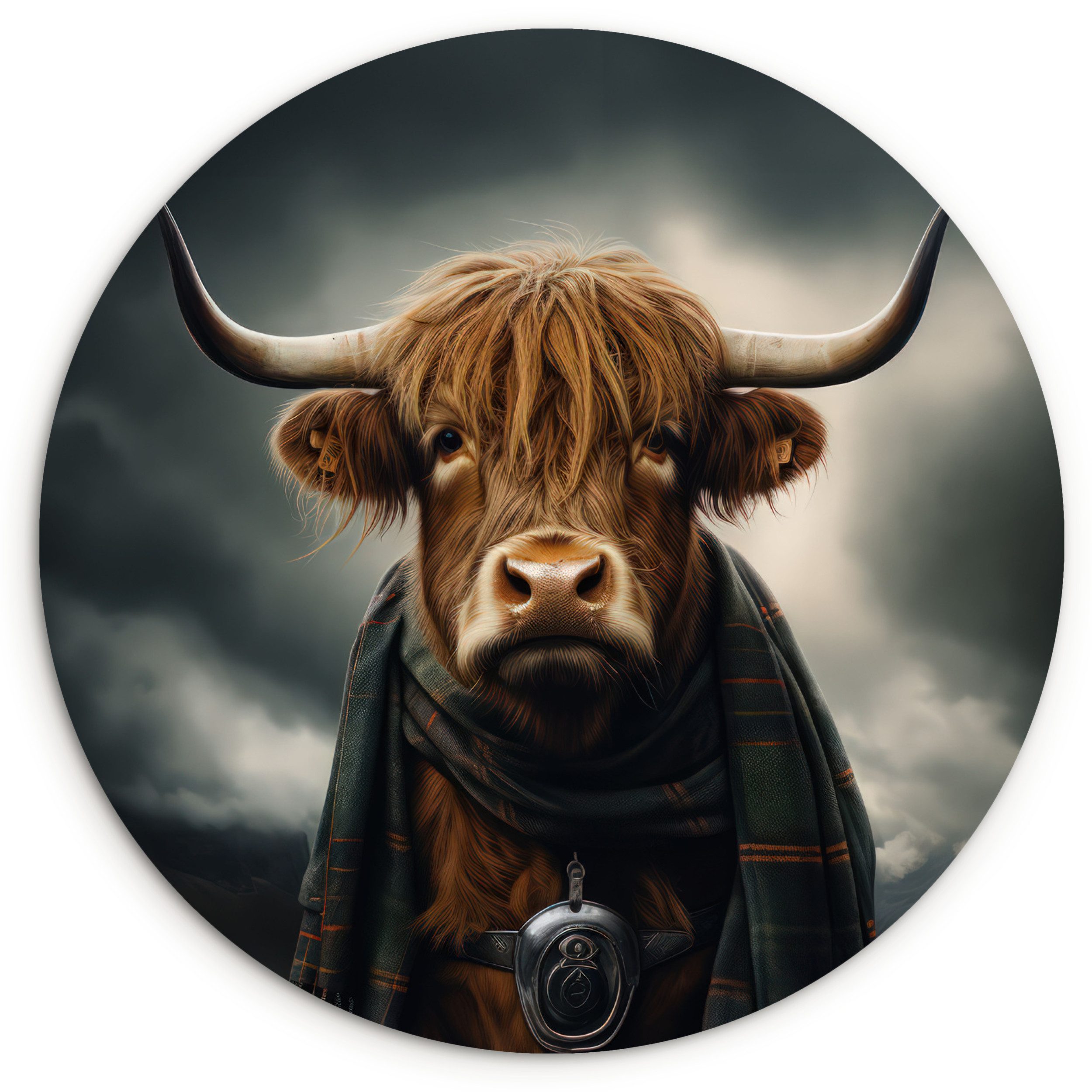 MuchoWow Gemälde Schottischer Highlander - Schal - Berge, Fotodruck (1 St), Kreis Wanddekoration, Rundes Wandbild, 30x30 cm