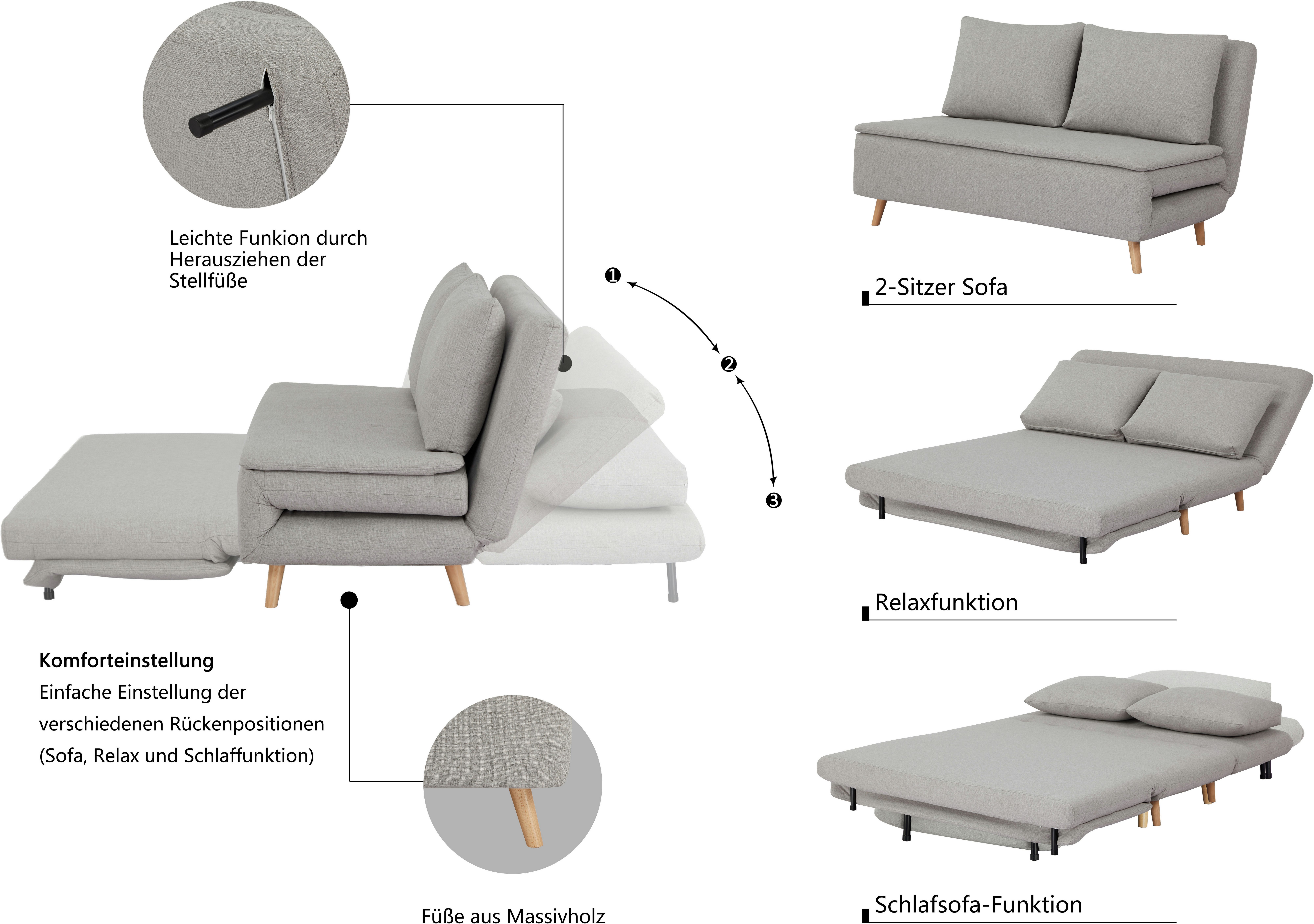 Home affaire Schlafsofa AINSLEY 140 cm -2-Sitzer, verstellbare Rückenlehne, wandelbar zum Gästebett, Relaxsofa, Webstoff u. Cord-Bezug