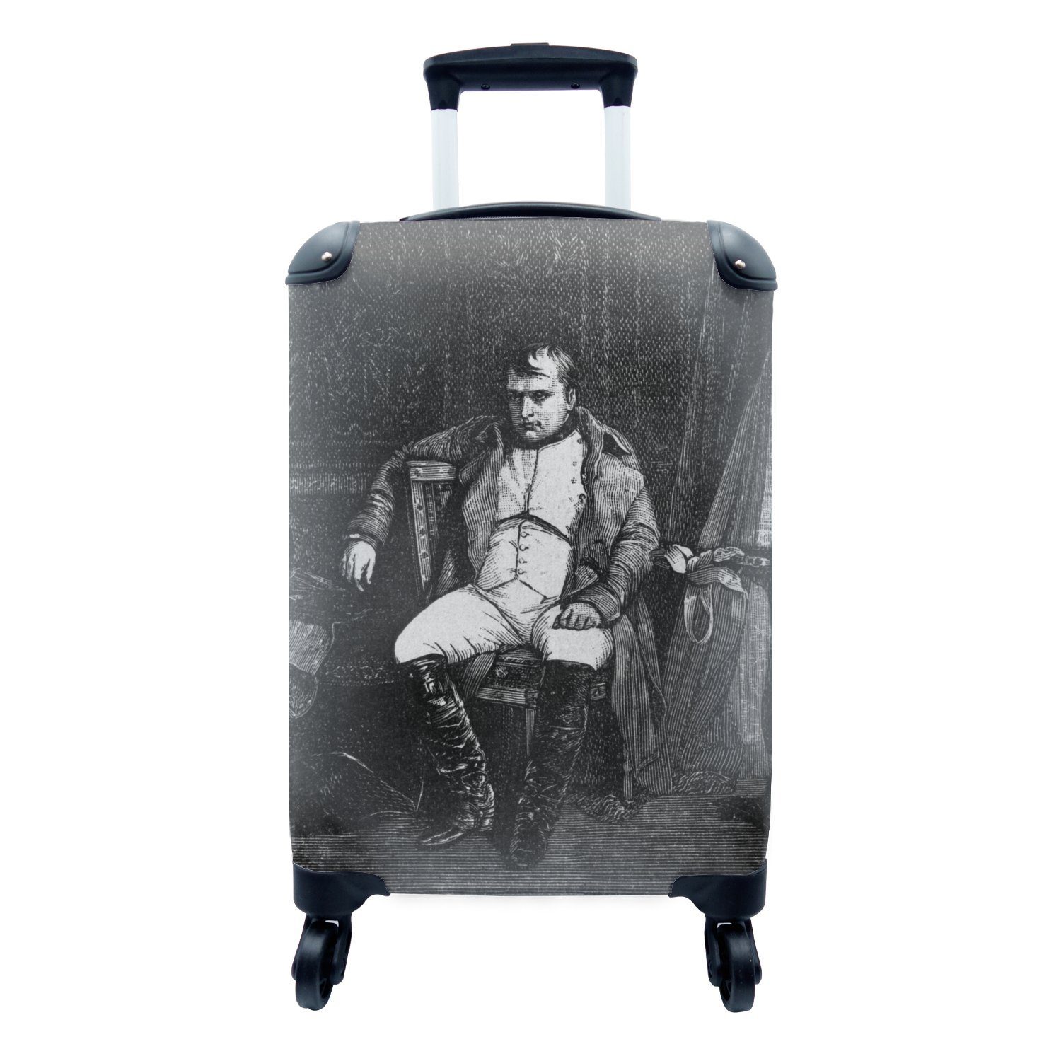 MuchoWow Handgepäckkoffer Schwarz-Weiß-Abbildung von Napoleon Bonaparte auf einem Stuhl sitzend, 4 Rollen, Reisetasche mit rollen, Handgepäck für Ferien, Trolley, Reisekoffer