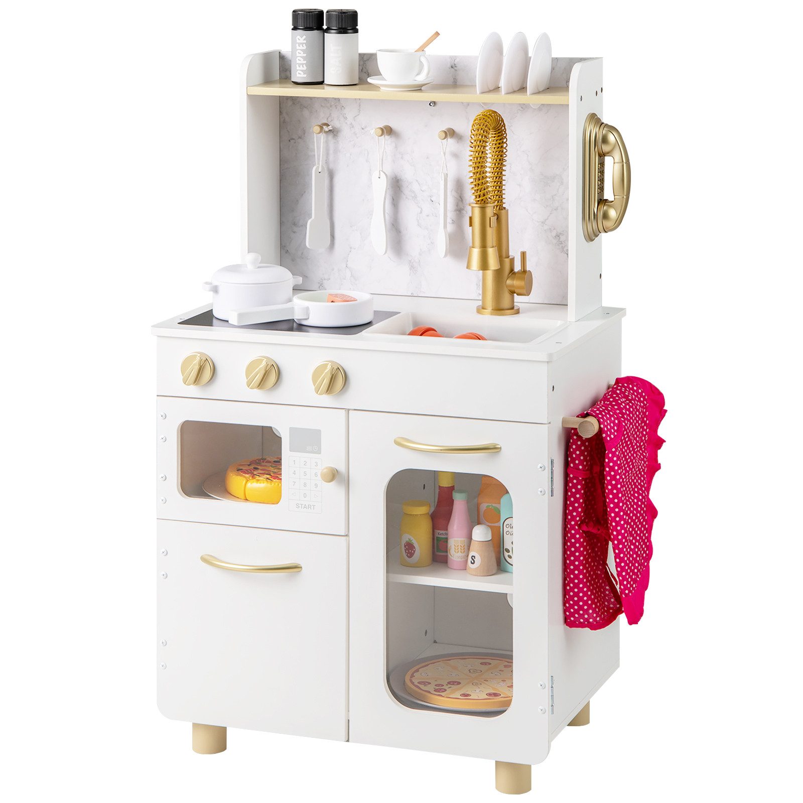 COSTWAY Spielküche Holzwerkstoff, PP, ABS, Kinderküche, Interaktive Holz-Spielküche für kleine Köche