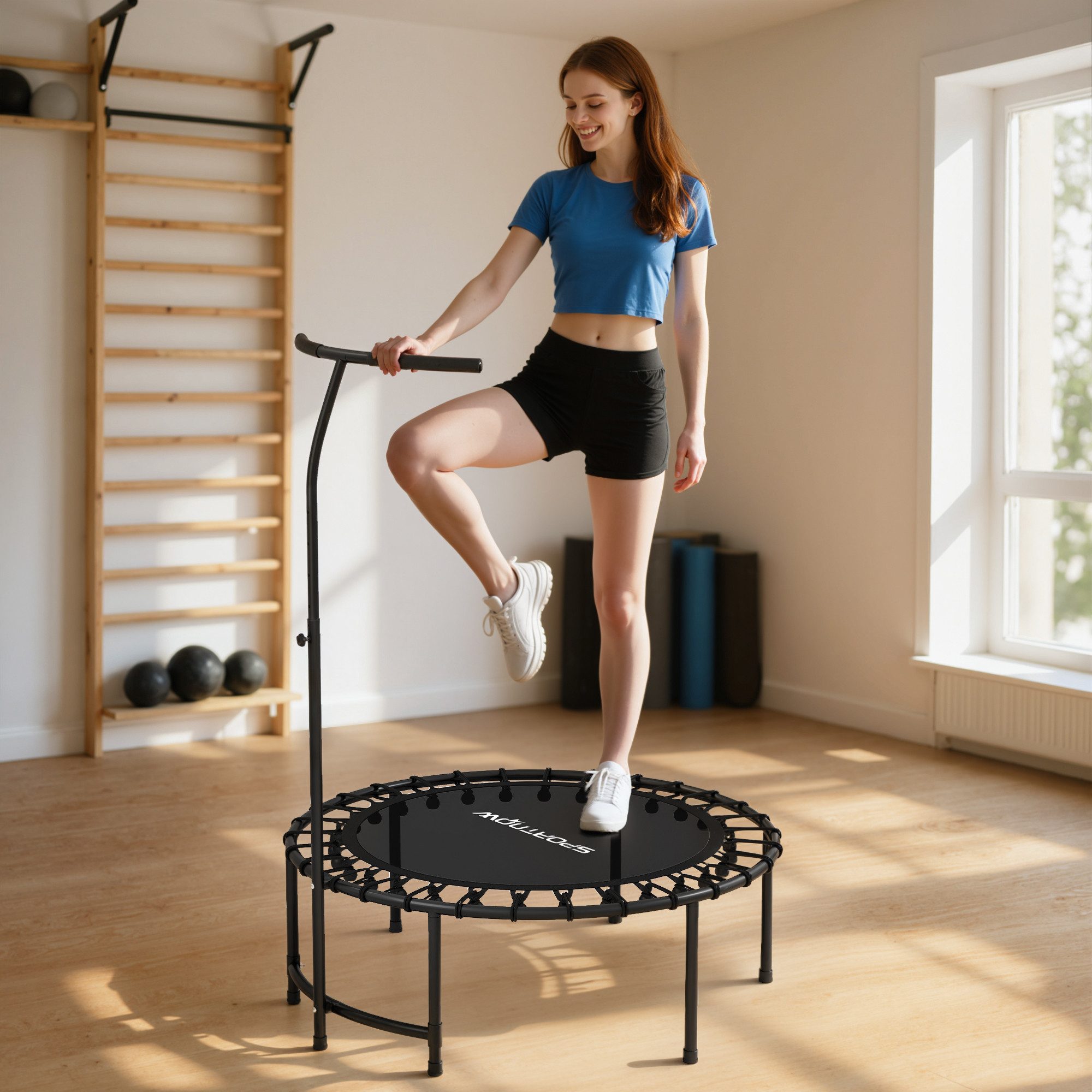 SPORTNOW Fitnesstrampolin Mini Trampolin mit leise Gummiseilfederung Trampolin bis 100kg, Ø 102 cm, (Trainingstrampolin, 1 tlg., Indoor Trampolin), 5-stufig verstellbarer T-förmiger Griff, Schwarz