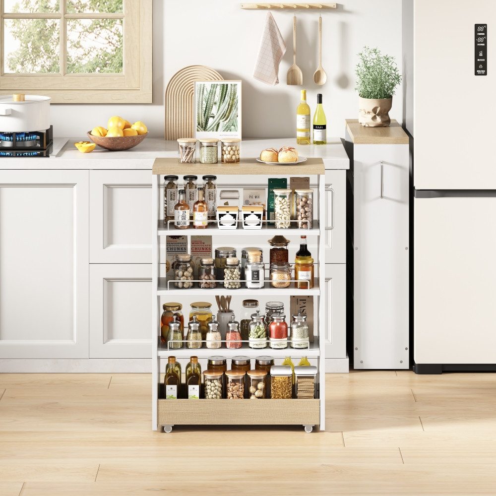 BBG Küchenwagen Slim Storage Cart auf Rollen, schmaler Küchenschrank 12/16 cm, mit 4 verstellbaren Regalen, Nischenwagen in Weiß Holzoptik