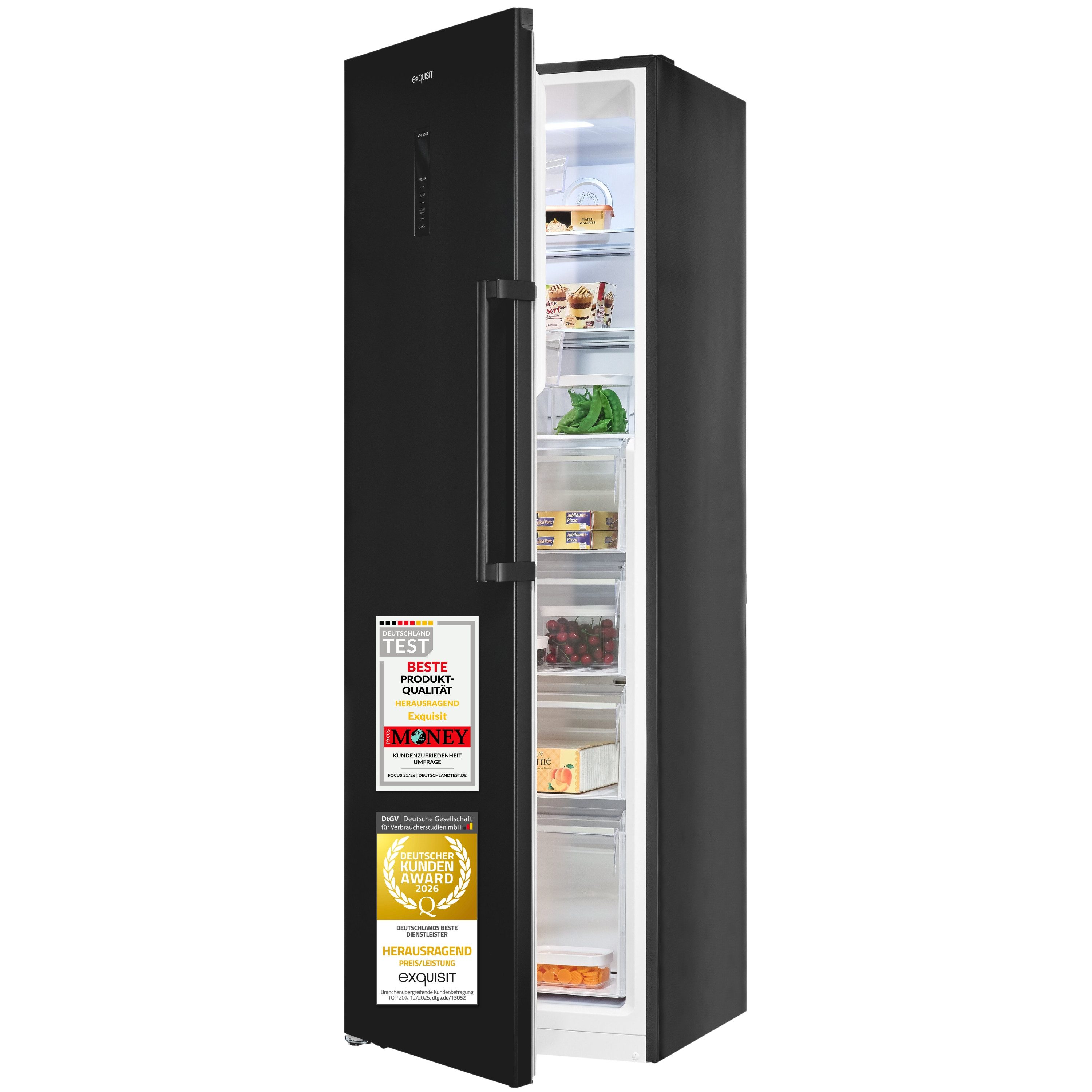 exquisit Gefrierschrank GS5295-NF-H-040C, 185 cm hoch, 60 cm breit, 274 l Nutzinhalt, 17,0 kg, 3 Gefrierschubladen, Energieklasse C