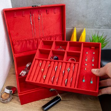 Intirilife Schmuckkasten (hochwertige Juwelenbox Schmuckschatulle Accessoirekästchen in Rot), Zum Aufbewahren von Ringen Ketten Uhren Ohrringen und Armbändern
