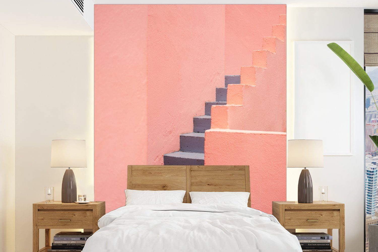 MuchoWow Fototapete Treppe - Architektur - Rosa - Pastell, Matt, bedruckt, (4 St), Montagefertig Vinyl Tapete für Wohnzimmer, Wandtapete