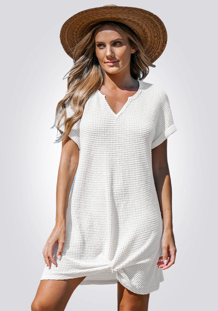 Cupshe Strandkleid Waffelkleid mit V-Ausschnitt Twist Saum Kurzarm Mini
