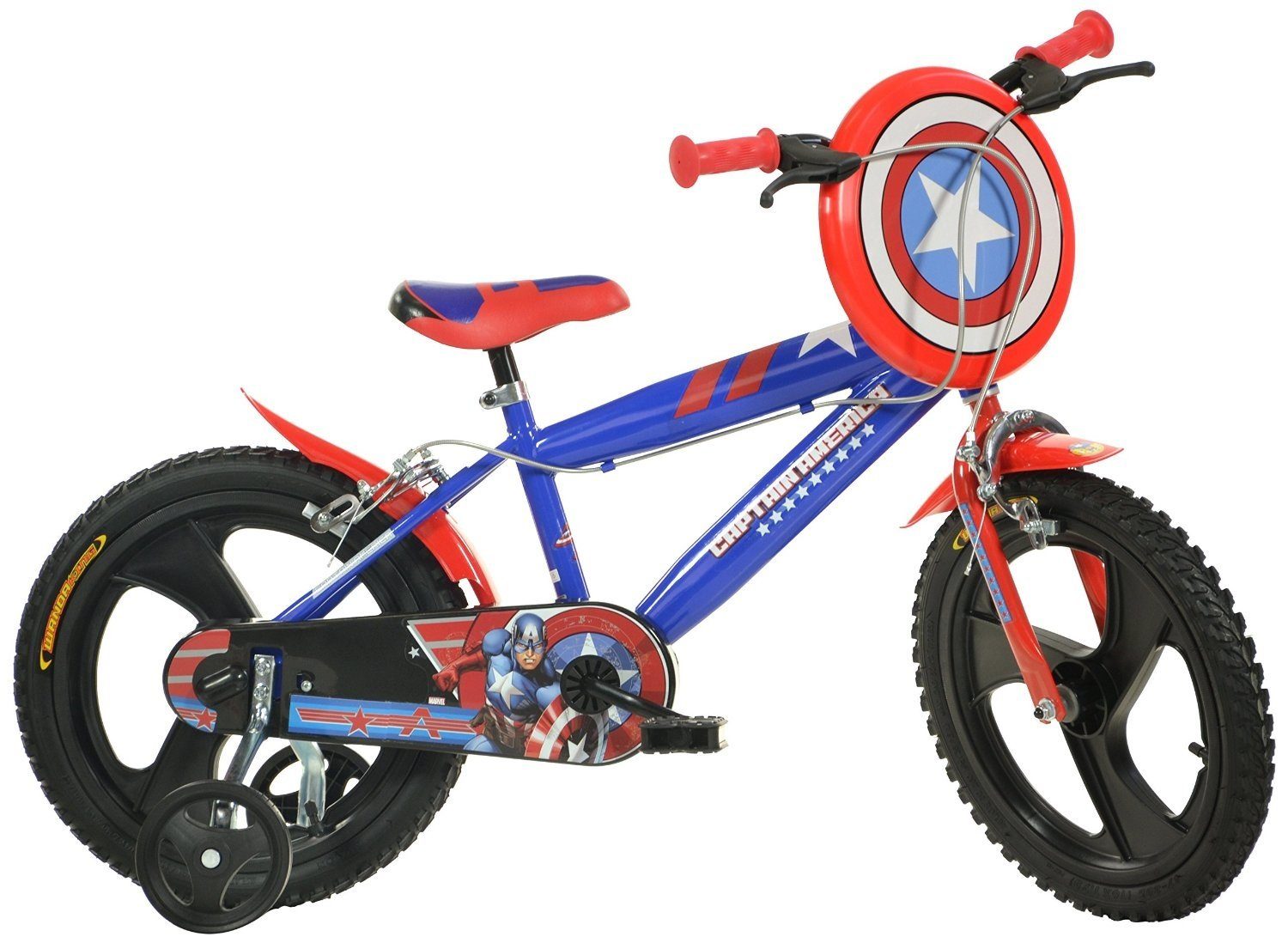 Dino BIkes Kinderfahrrad 14" Captain America Kinderfahrrad Marvel  Jungenfahrrad 14 Zoll Kinderrad Stützräder, 1 Gang, Keine Schaltung