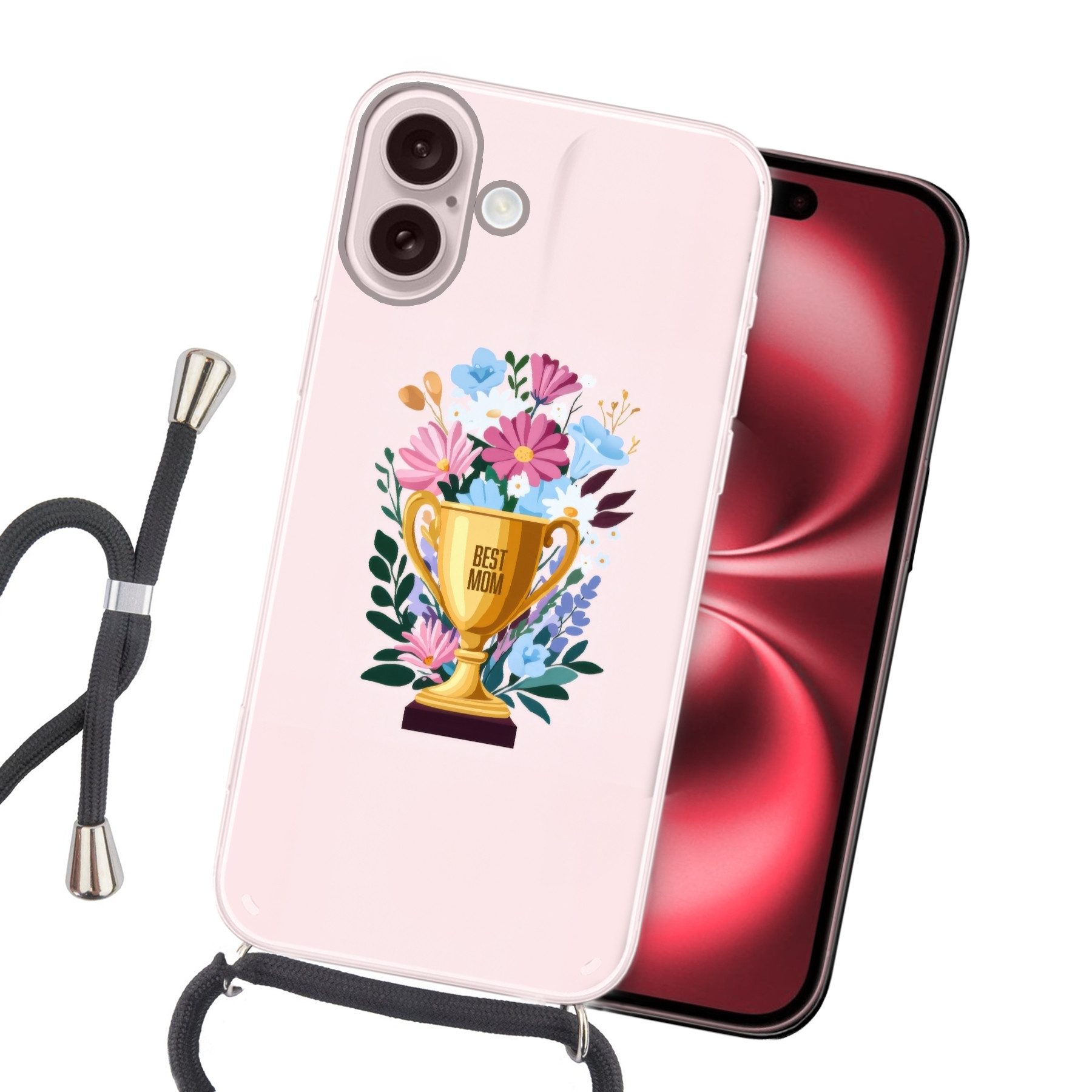 MuchoWow Handyhülle für Apple iPhone 16 Trophäe - Beste Mutter - Blumen - Bunt, Tragbare Handyhüllen mit Kette zum umhängen, Handykette Handyband