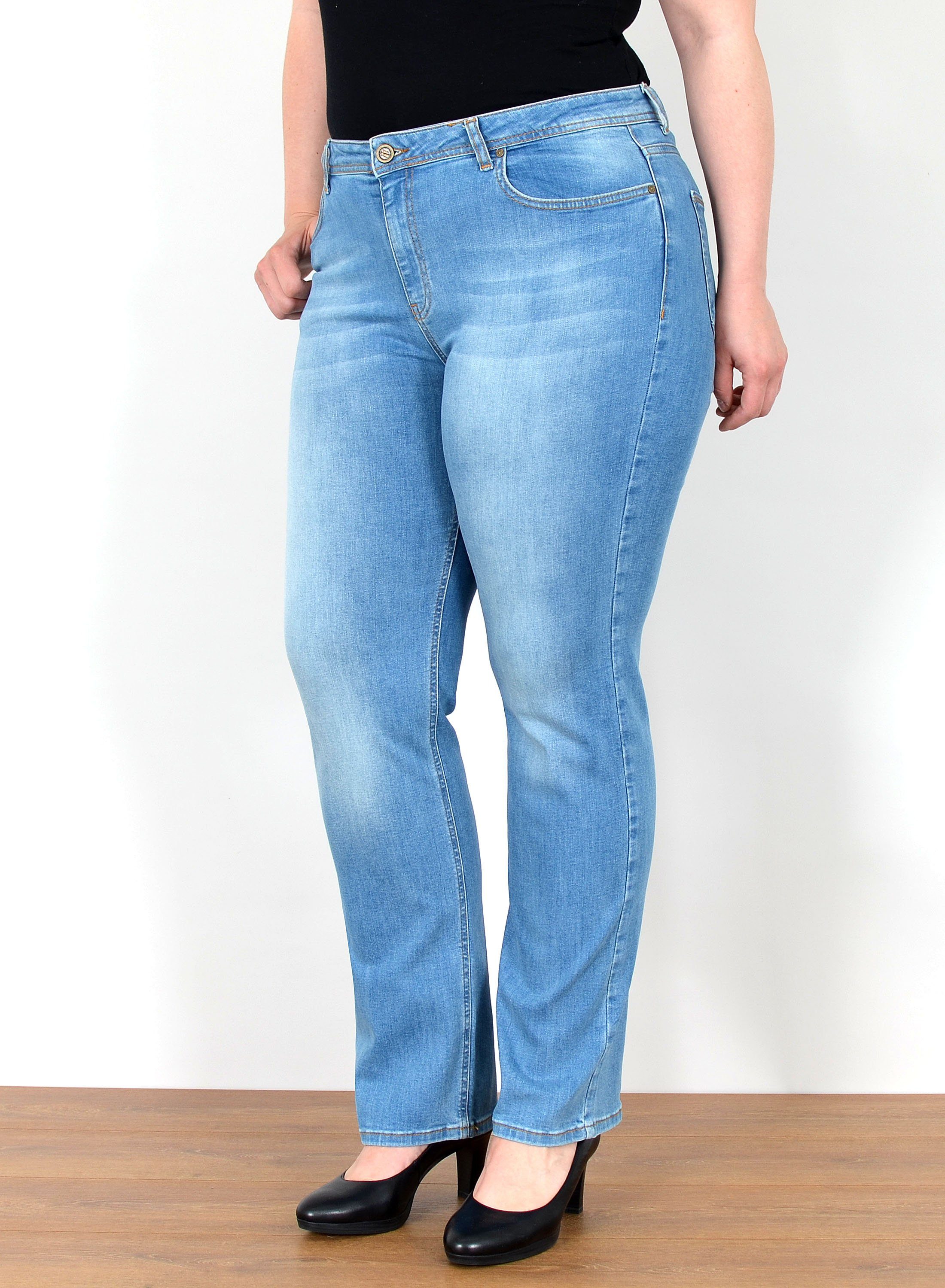 ESRA Straight-Jeans Straight Fit Jeans Damen High Waist Jeans-Hose Regular bis Übergröße Gerade Schnitt Jeanshose Damen hohe Leibhöhe …