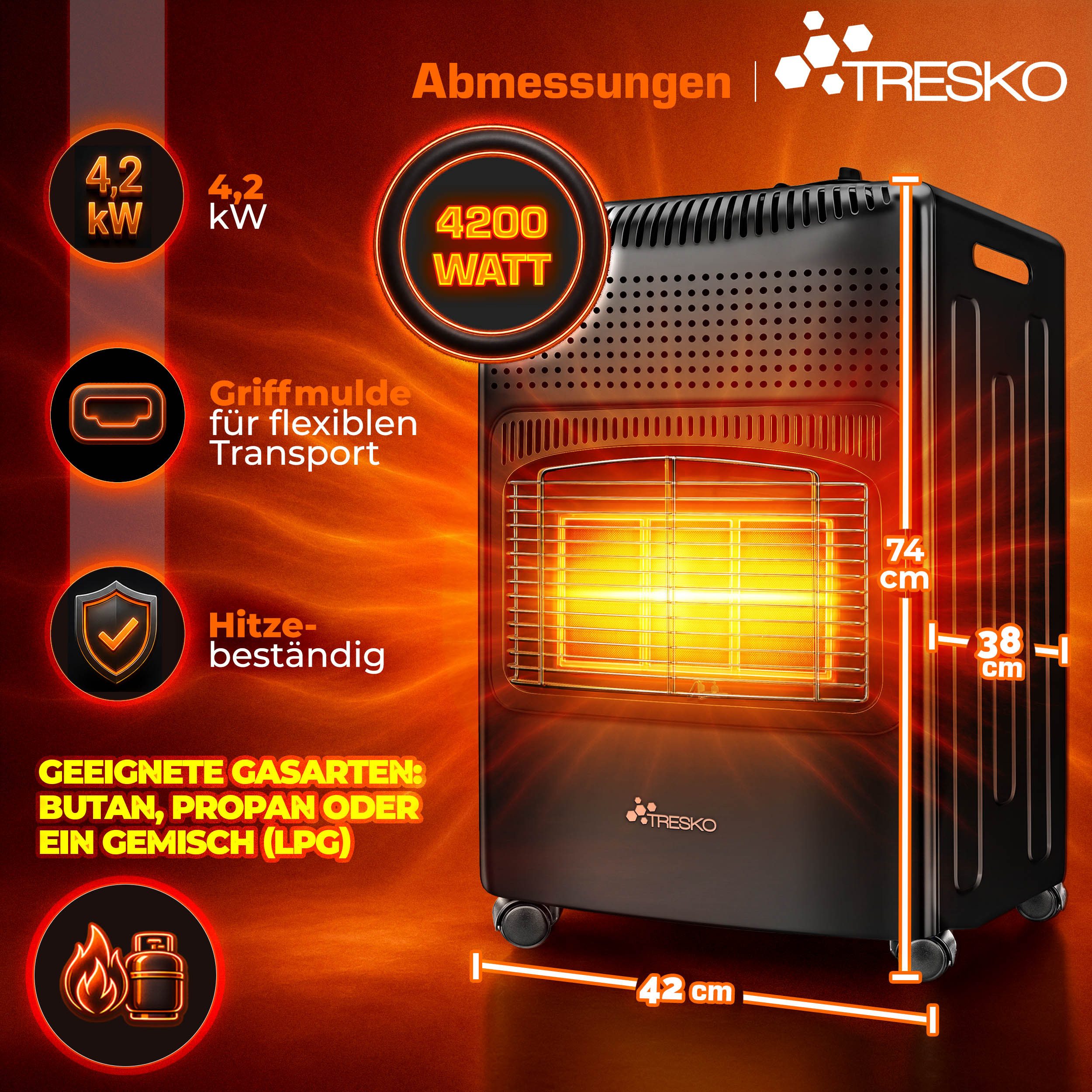 TRESKO Heizstrahler 4200 W Gasheizung + Abdeckung Gasheizer 3 Stufen Gasofen Gasheizofen