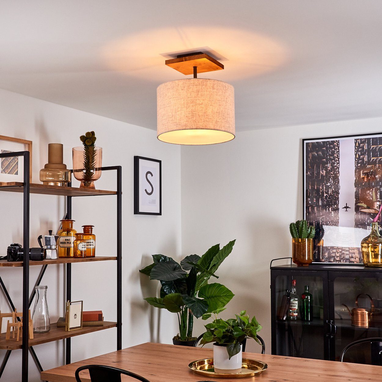 hofstein Deckenleuchte »Meolo« Deckenlampe aus Holz und Stoff in weiß/natur günstig online kaufen