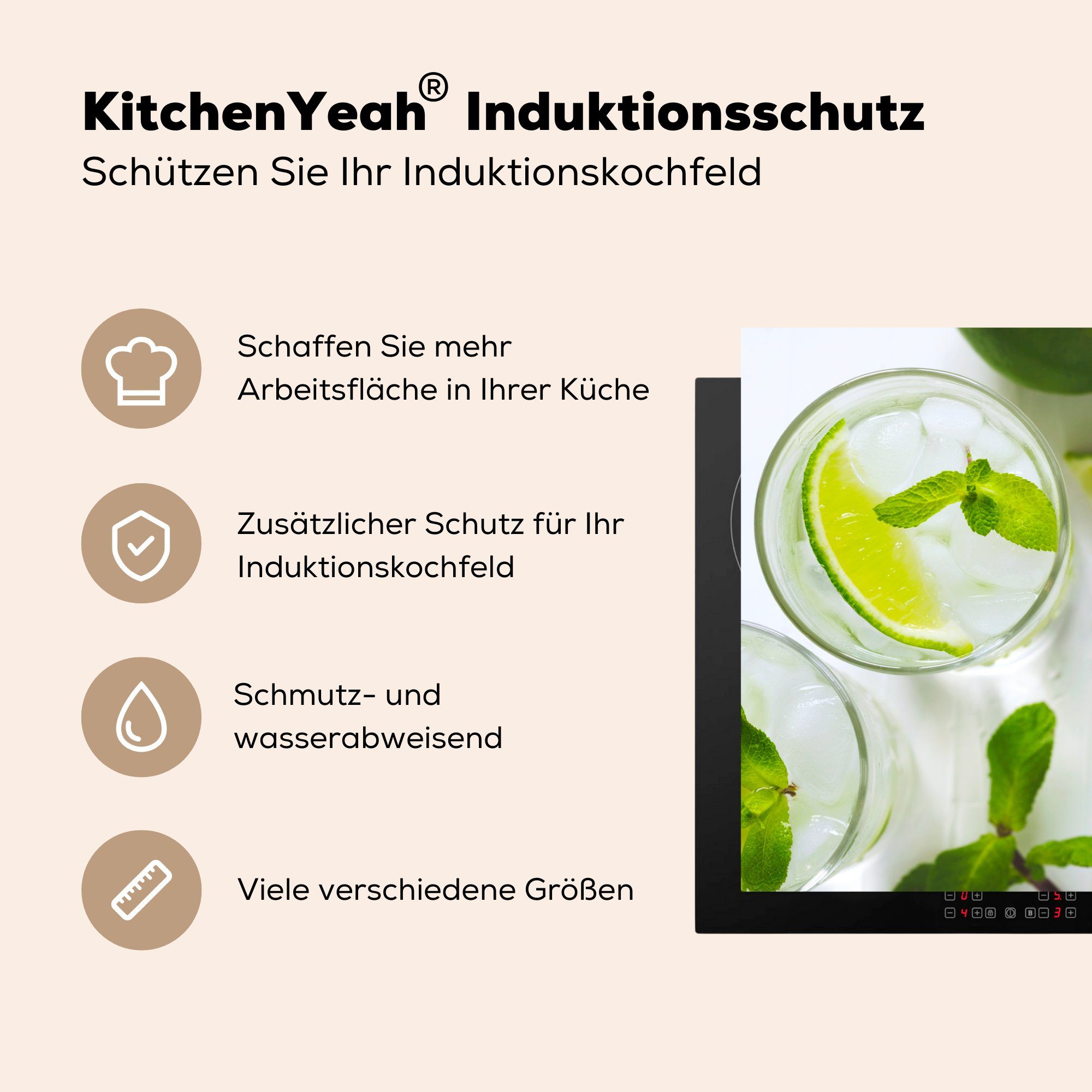 MuchoWow Herdblende-/Abdeckplatte Mojito-Cocktail küche, (1 für und Ceranfeldabdeckung Glas, die Induktionskochfeld tlg), cm, 81x52 Limette im Vinyl, mit Minze Schutz