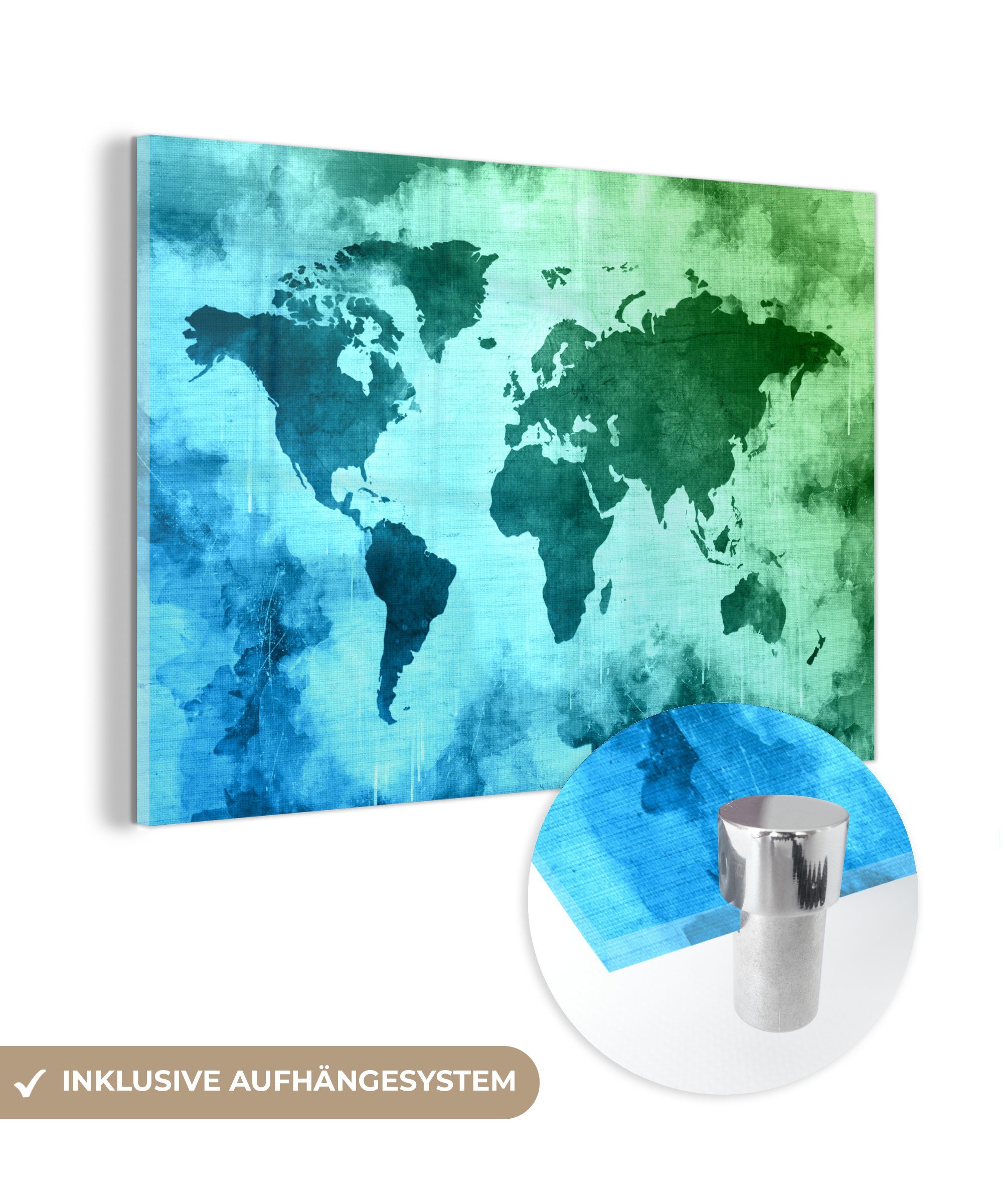MuchoWow Acrylglasbild Weltkarte - Blau - Grün, (1 St), Glasbilder - Bilder auf Glas Wandbild - Foto auf Glas - Wanddekoration