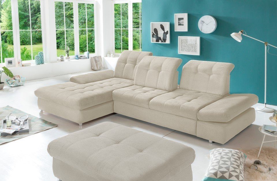 Schlaffunktion, Creme Sitztiefenverstellung, Bettkasten, Ecksofa, Tonia Kopflehnefunktion Areta mit Myhomelando Ecksofa