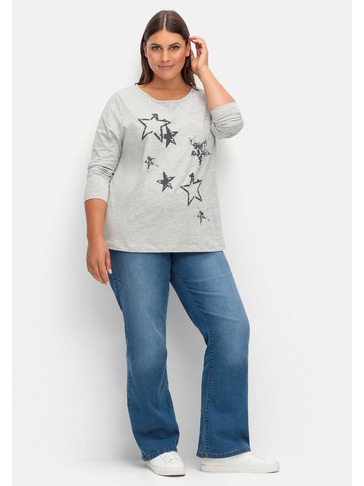 Große meliert Sheego Langarmshirt Größen bedruckt grau Sternen-Frontdruck mit