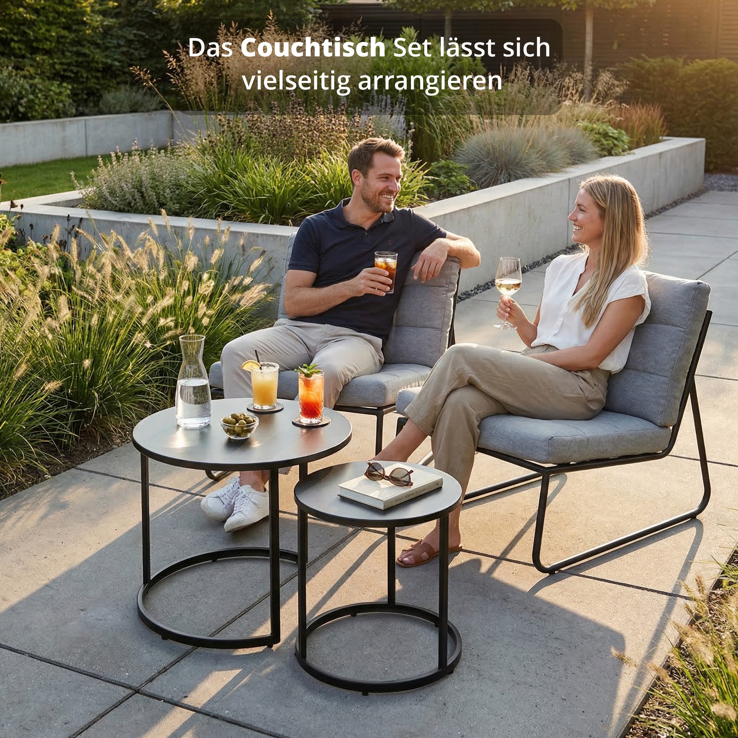 KHG Beistelltisch Garten-Beistelltisch 2-teilig in Anthrazit aus Stahl (runder Couchtisch ineinander stellbar, 5 kg belastbar, wetterfest UV-beständig, 60x52x60 cm), Ineinander stapelbar, wetterfest