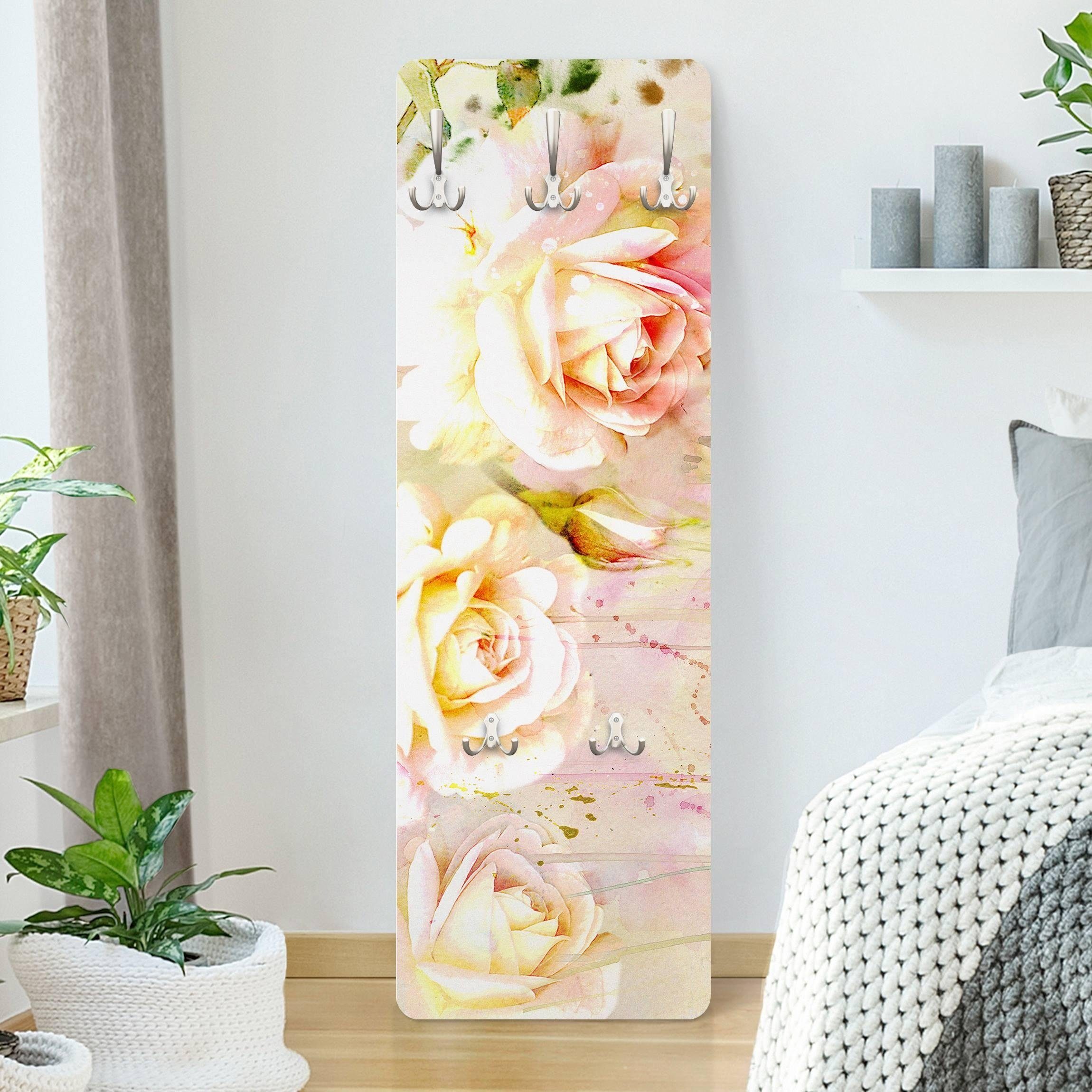 Bilderdepot24 Garderobenpaneel beige Aquarell Blumen Floral Kunst Aquarell Blumen Rosen Design (ausgefallenes Flur Wandpaneel mit Garderobenhaken Kleiderhaken hängend), moderne Wandgarderobe - Flurgarderobe im schmalen Hakenpaneel Design