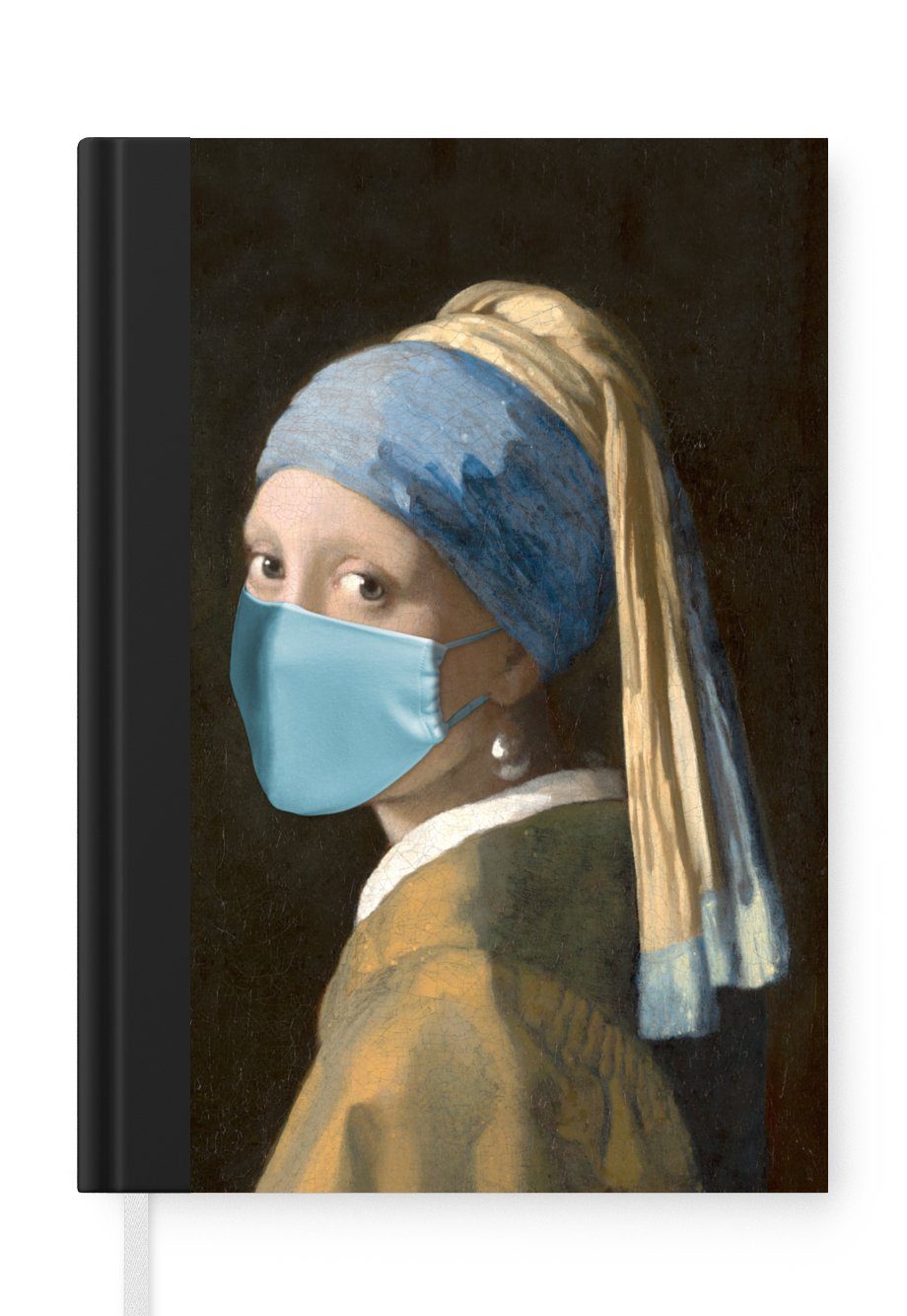 MuchoWow Notizbuch Mädchen mit einem Perlenohrring - Vermeer - Mundschutz - Blau, Journal, Merkzettel, Tagebuch, Notizheft, A5, 98 Seiten, Haushaltsbuch
