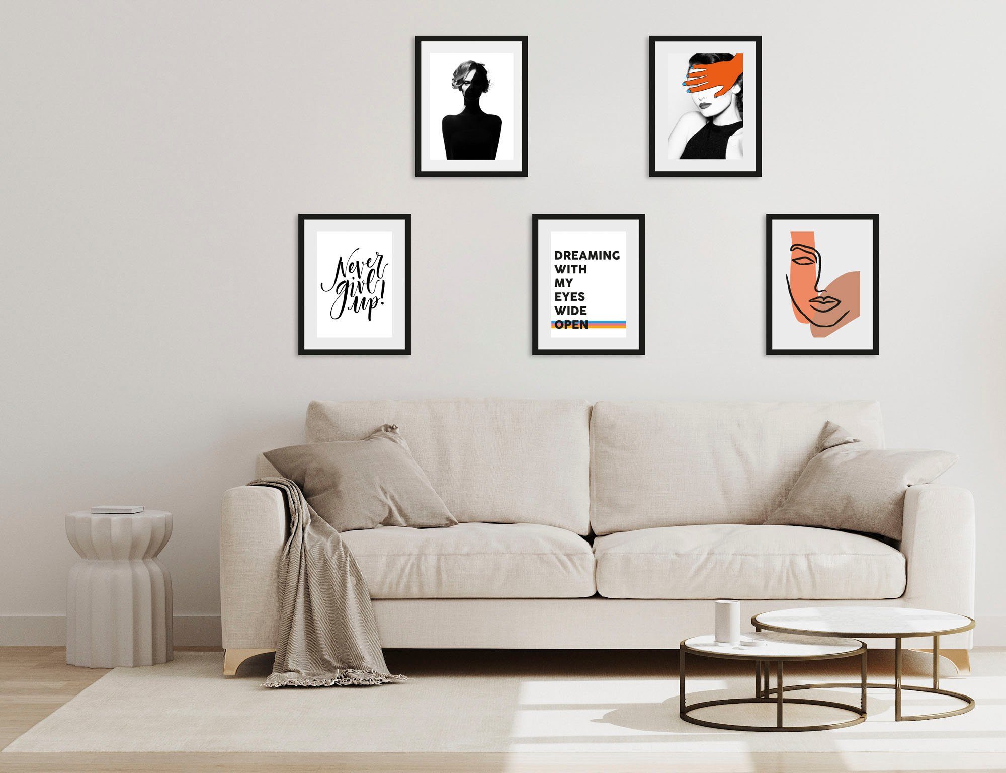 queence Bild Dreaming, Abstrakt, Bilder von Frauen, Figuren, Frau, Gesicht, Kunst, Motivationsbilder, Schwarz-Weiß, Sprüche & Texte (5 St), gerahmt