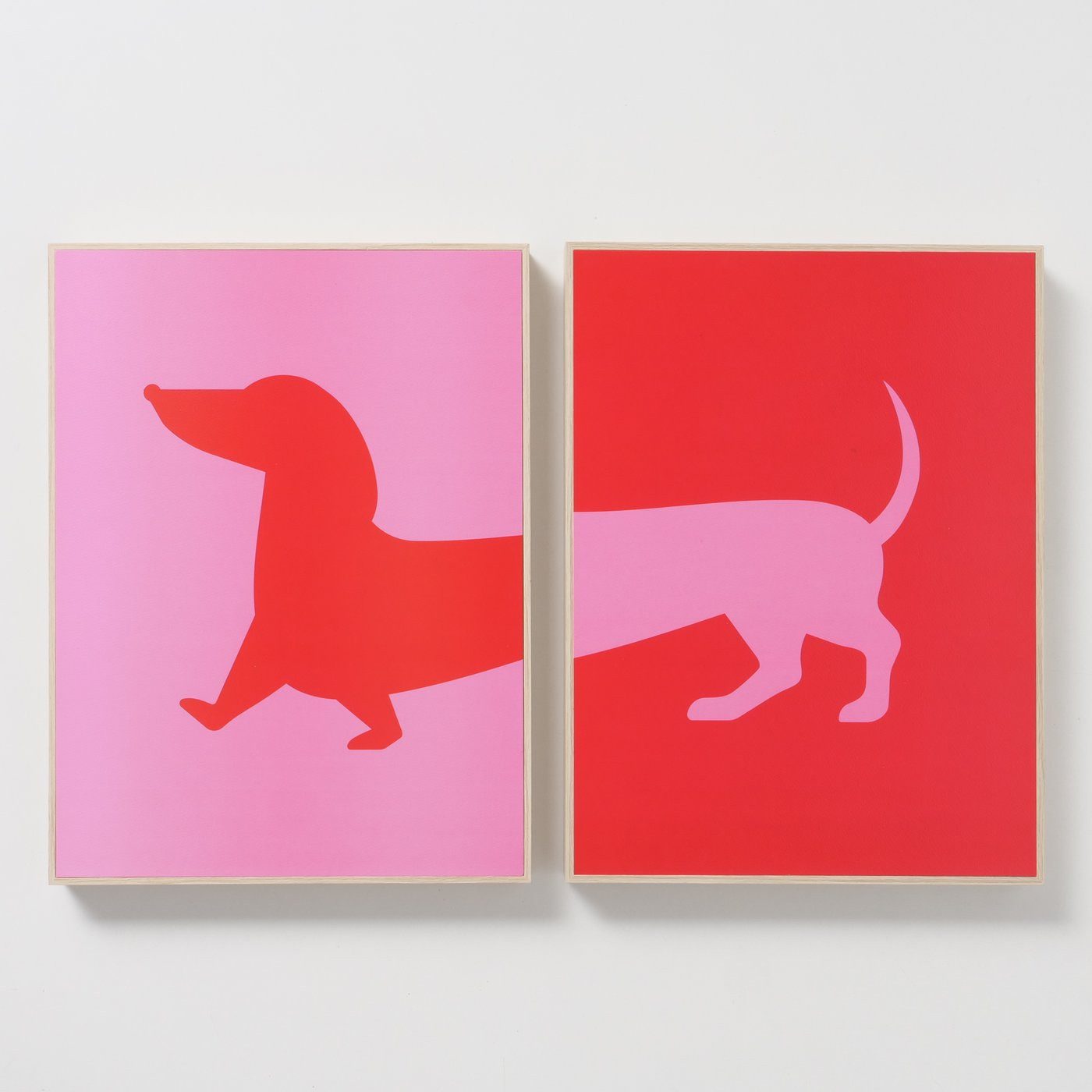 Bild mit Rahmen 2-teiliges Dackel Wandbild auf Holz Kunstdruck in Rot und Pink