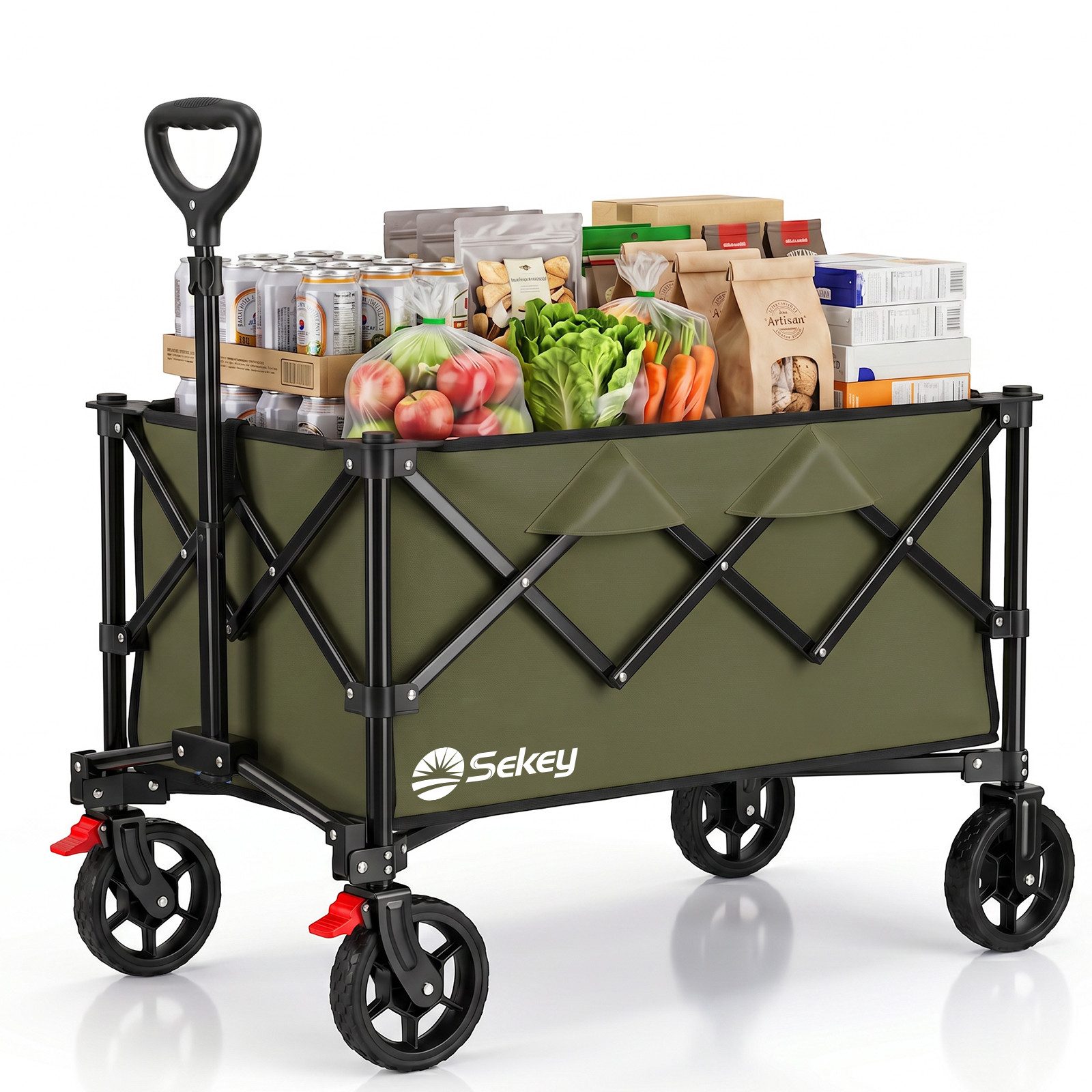 Sekey Bollerwagen Bollerwagen Faltbar Handwagen Belastbar bis 150kg Transportwagen, Zusammenfaltbar aus 4 Richtungen, mit verstellbarem Handgriff