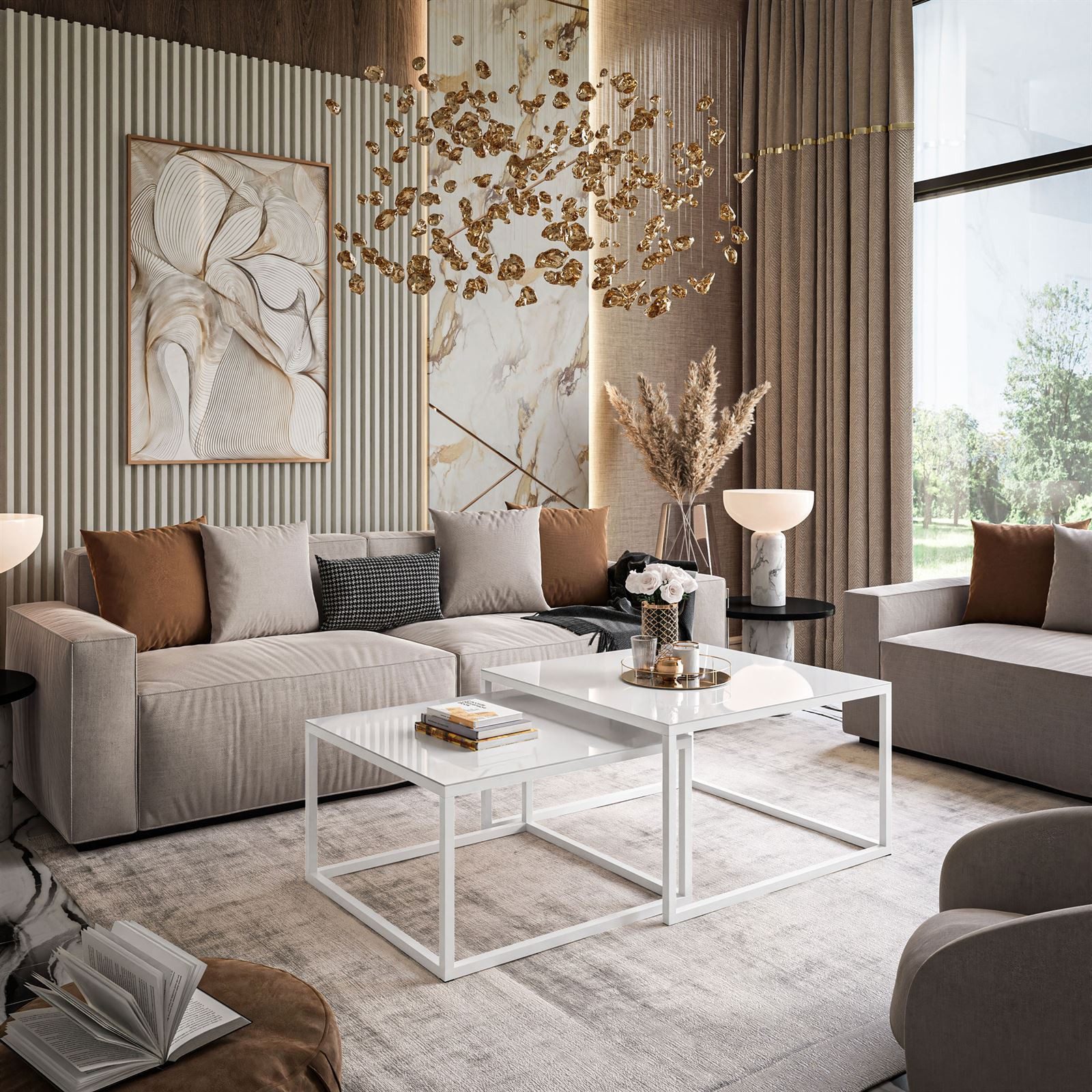 Lookway Couchtisch YOSHI GLASS 2in1 mit schwarzem und weißem Gestell (2er-Set), Breite: 70 cm und 60 cm