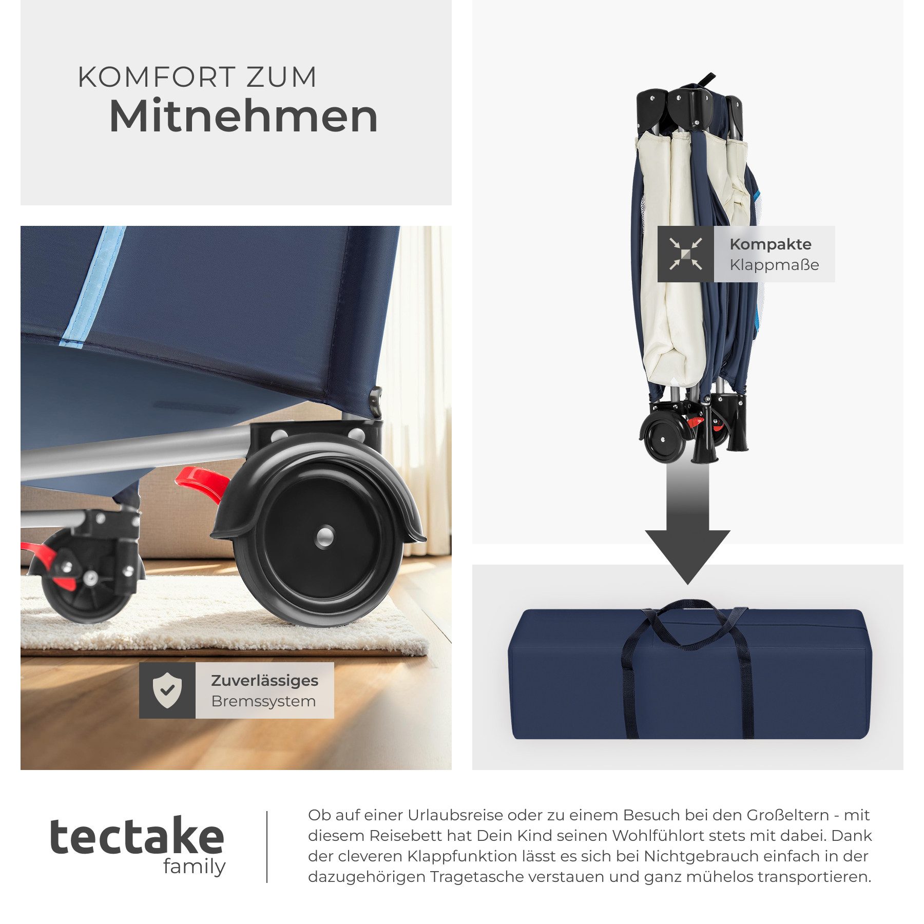 tectake Baby-Reisebett Kinderbett mit Wickelauflage und Transporttasche 132x75x104cm, mit großen Mesh-Einsätzen, Wickelauflage und Seiteneingang in blau – Bild 5 von 5