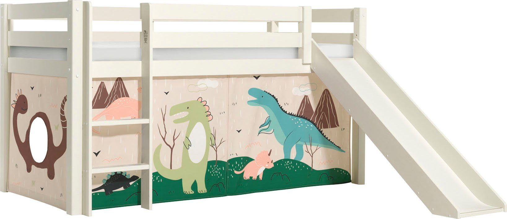 Vipack Spielbett Pino, Kiefer massiv, mit Rolllattenrost u. Textil-Set, Made in Europe (B/H/T ca. 210x114x218cm, mit Absturzschutz, Leiter und Rutsche), verschiedene Textil-Designs und Holzfarben zur Wahl