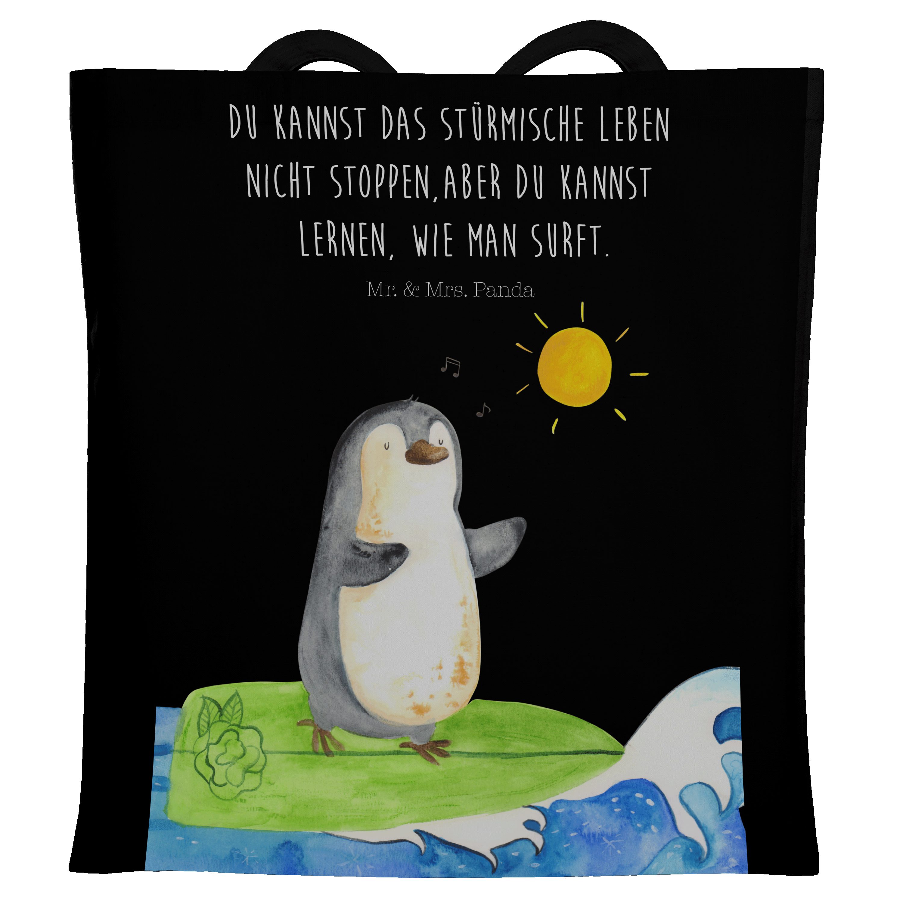 Mr. & Mrs. Panda Tragetasche Pinguin Surfer - Schwarz - Geschenk, Beutel, optimistisch, Urlaub, We (1-tlg)