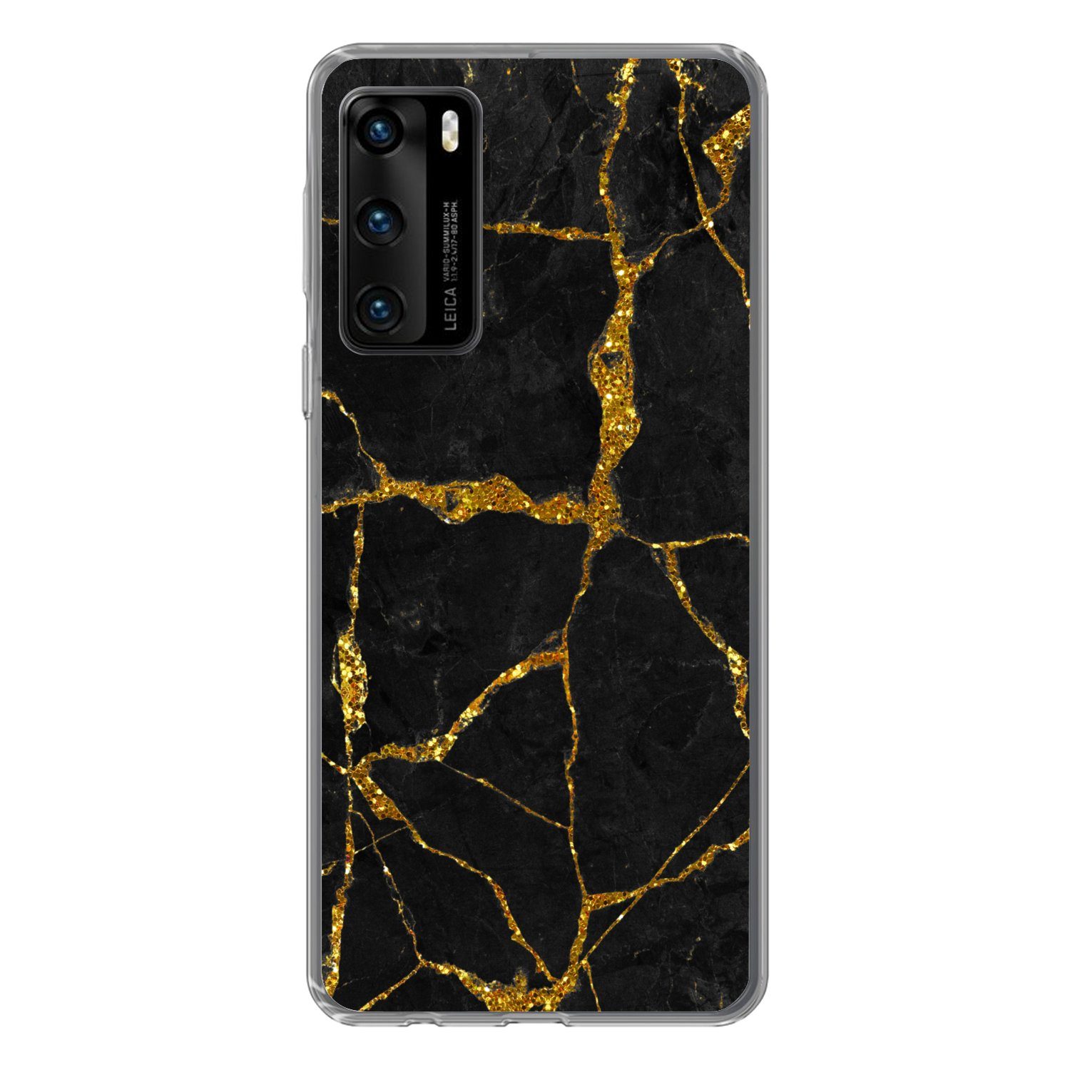 MuchoWow Handyhülle für Huawei P40 Marmor - Gold - Schwarz - Marmoroptik - Glitter, Handy Case, Silikon, Bumper Case Dünn